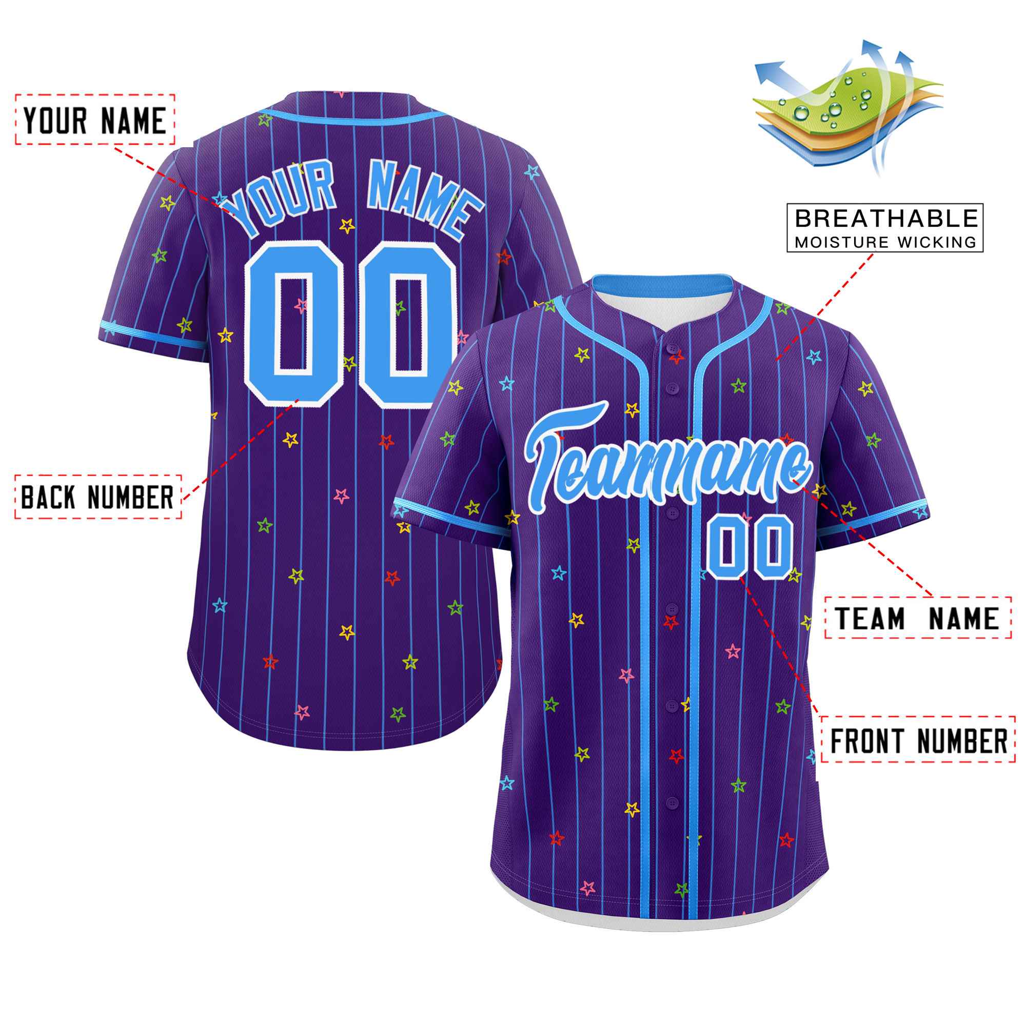 Custom Purple Powder Blue Stripe Fashion Personalized Star Pattern Authentic Baseball Jersey