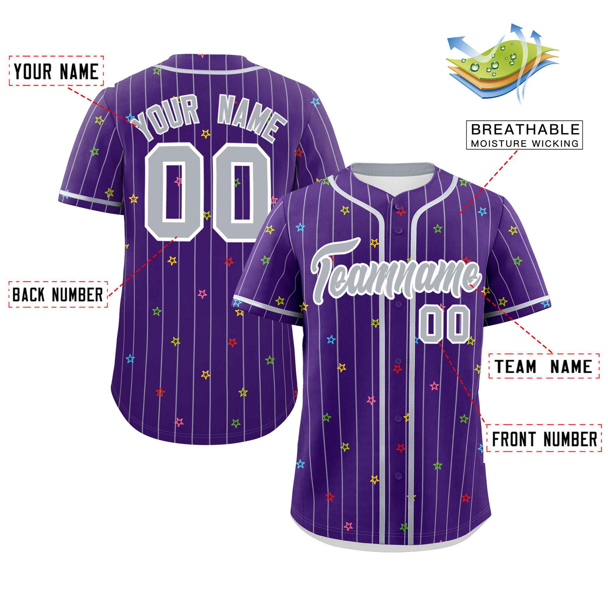 Custom Purple Gray Stripe Fashion Personalized Star Pattern Authentic Baseball Jersey