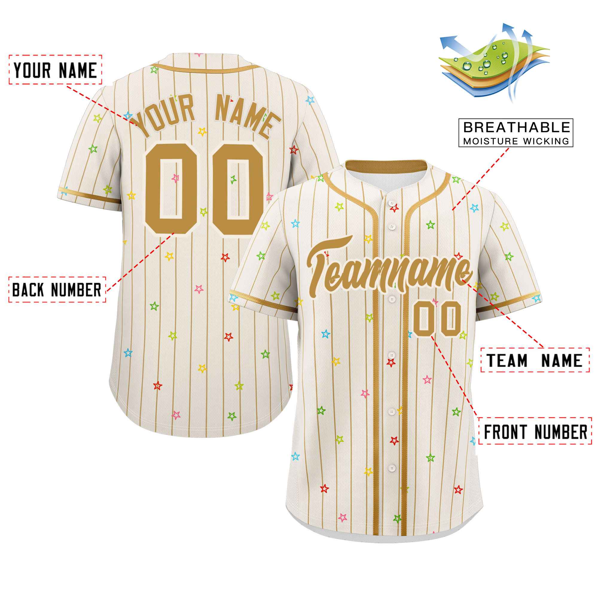 Custom Cream Old Gold Stripe Fashion Personalized Star Pattern Authentic Baseball Jersey