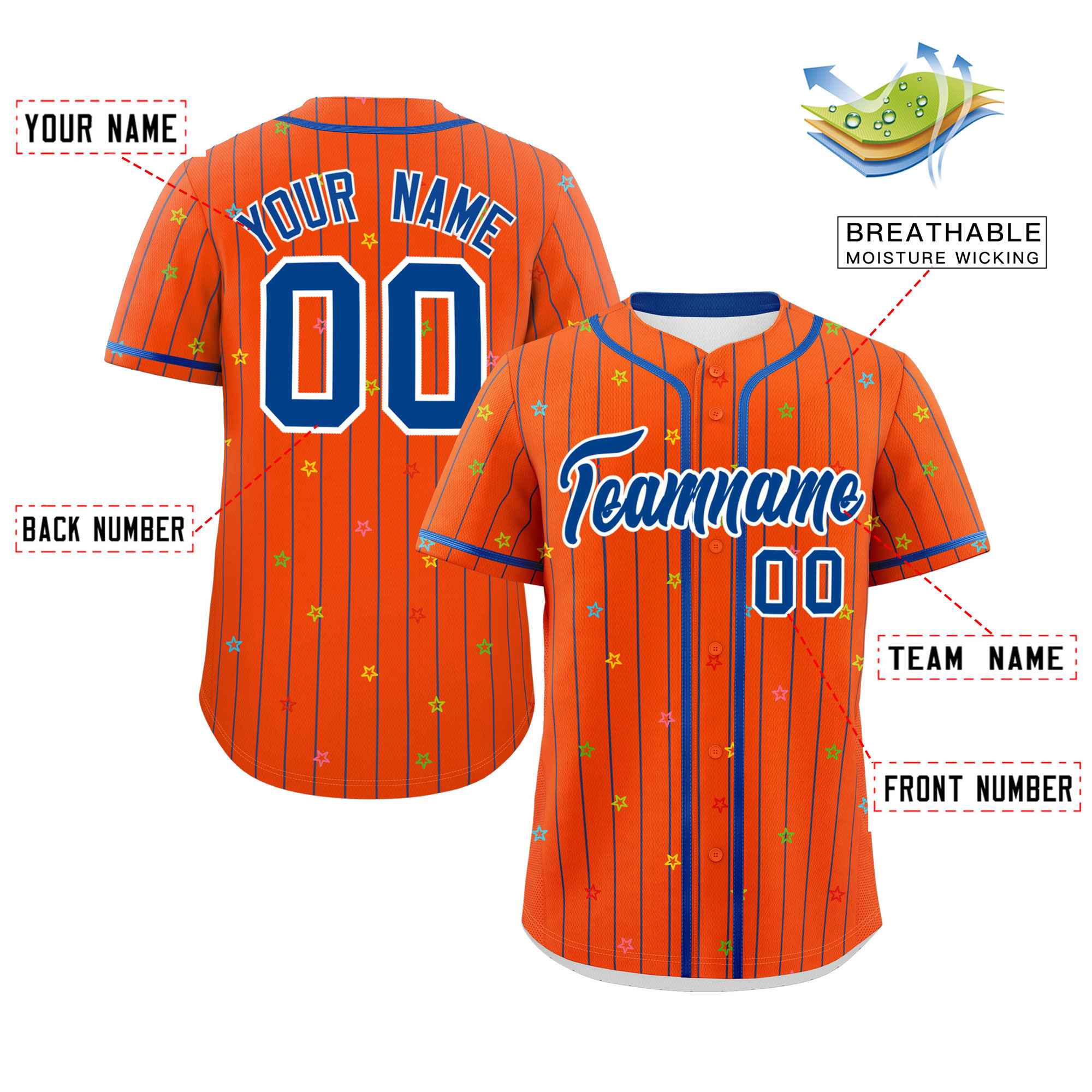 Custom Orange Royal Stripe Fashion Personalized Star Pattern Authentic Baseball Jersey