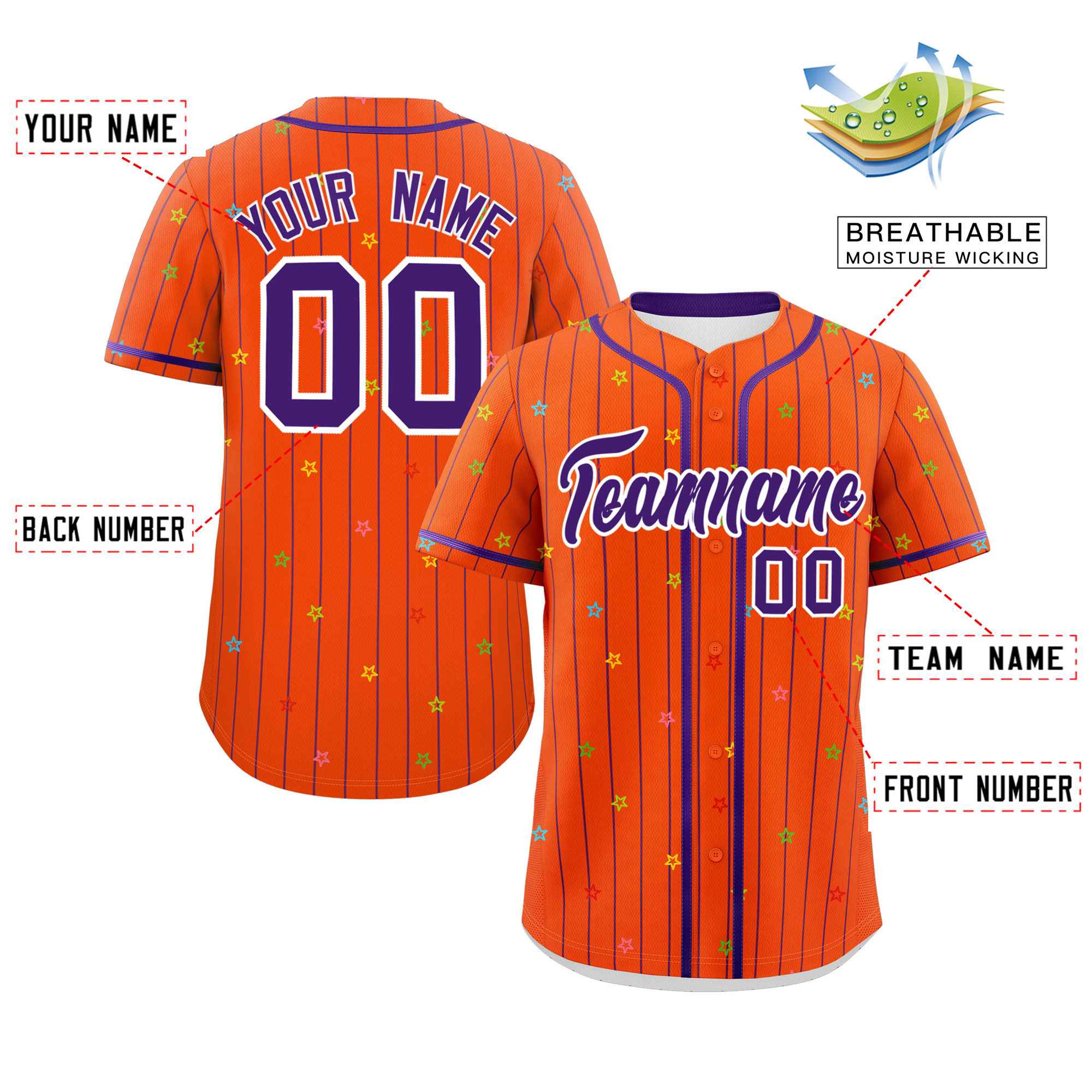 Custom Orange Purple Stripe Fashion Personalized Star Pattern Authentic Baseball Jersey