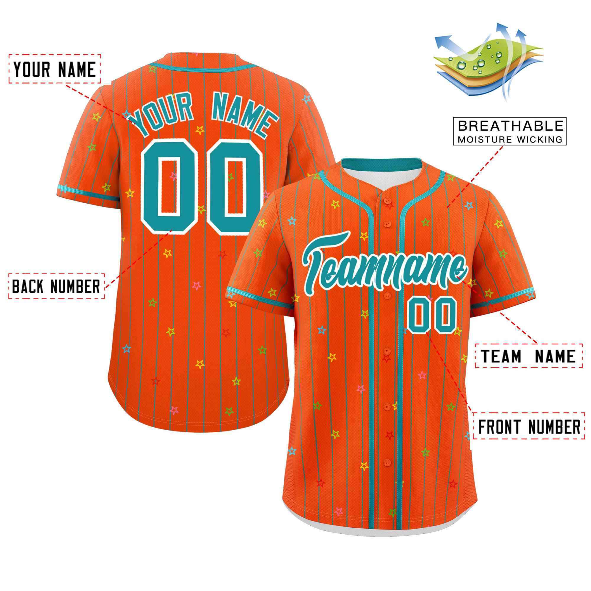 Custom Orange Aqua Stripe Fashion Personalized Star Pattern Authentic Baseball Jersey