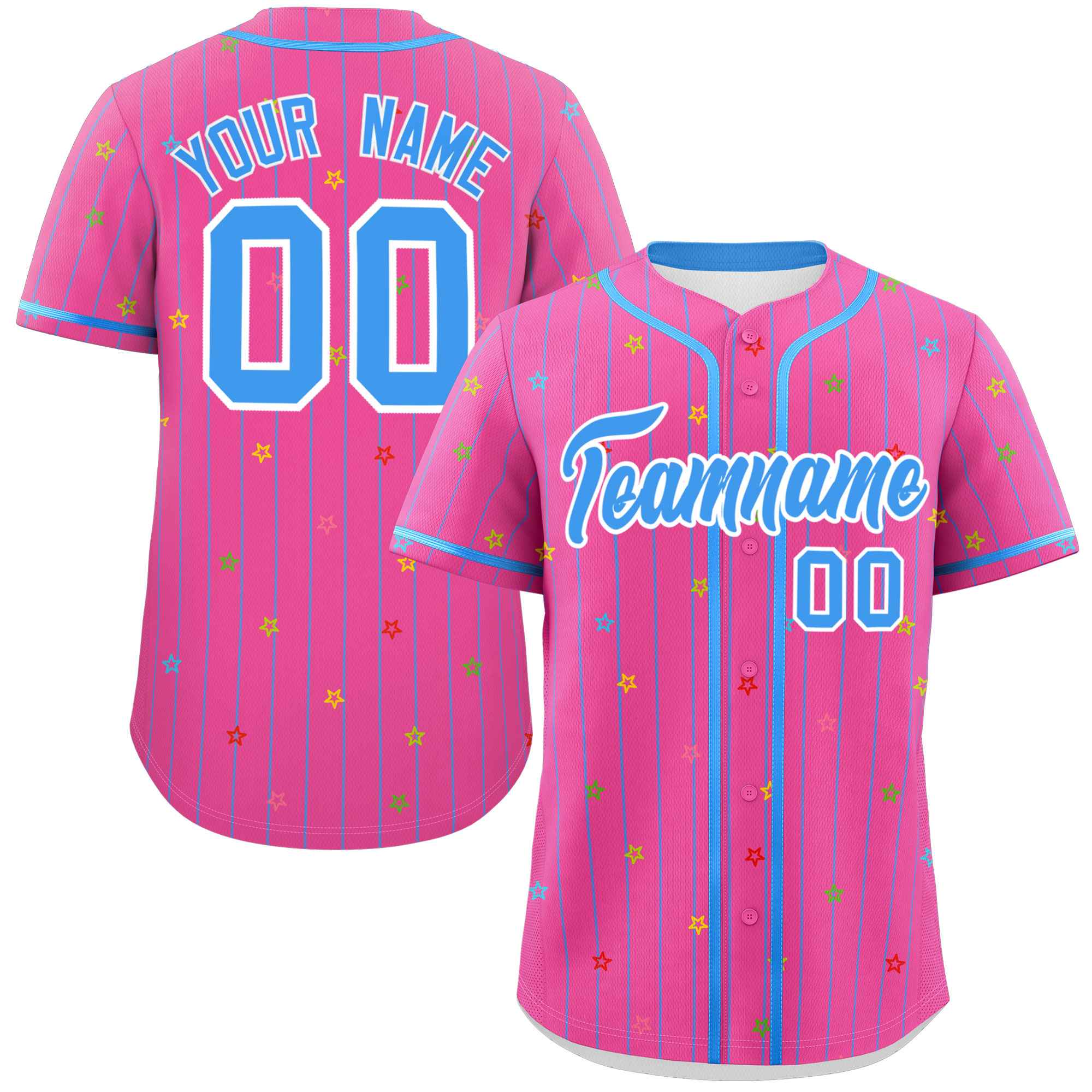 Custom Pink Powder Blue Stripe Fashion Personalized Star Pattern Authentic Baseball Jersey