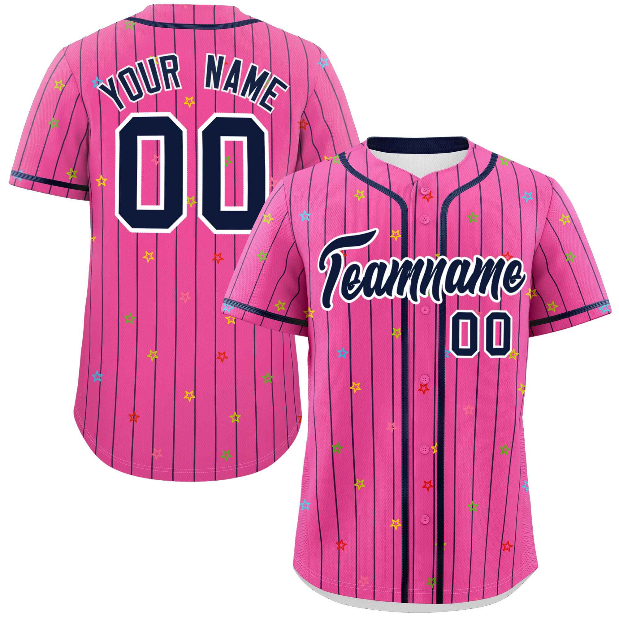 Custom Pink Navy Stripe Fashion Personalized Star Pattern Authentic Baseball Jersey