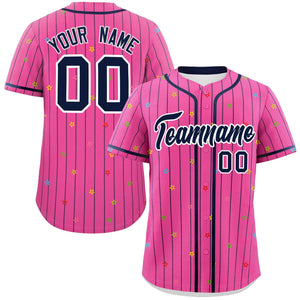 Custom Pink Navy Stripe Fashion Personalized Star Pattern Authentic Baseball Jersey