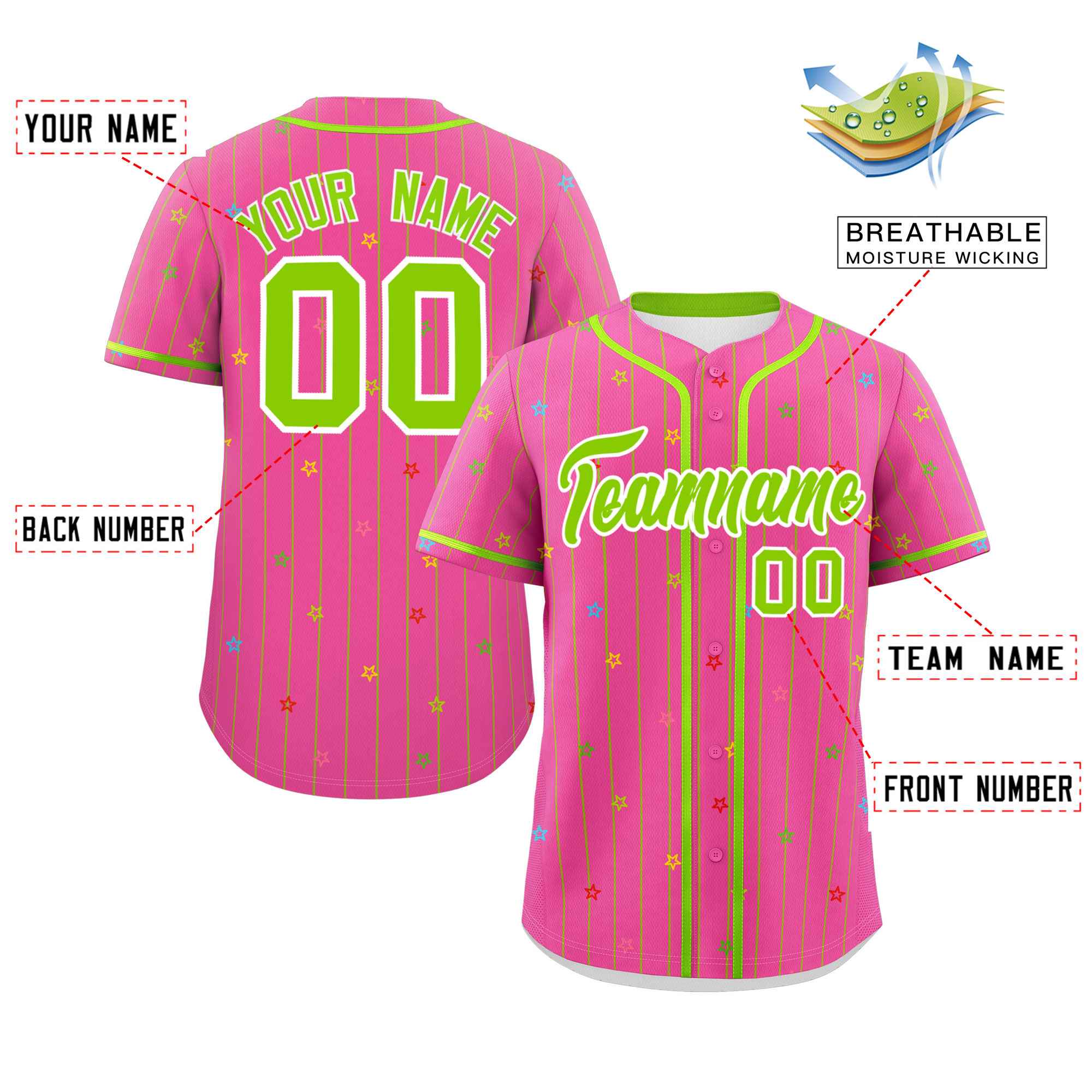 Custom Pink Neon Green Stripe Fashion Personalized Star Pattern Authentic Baseball Jersey