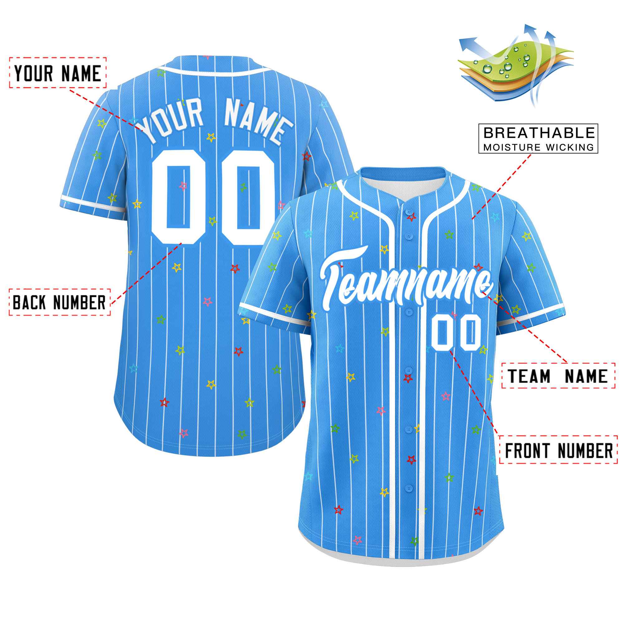 Custom Powder Blue White Stripe Fashion Personalized Star Pattern Authentic Baseball Jersey