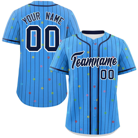 Custom Powder Blue Navy Stripe Fashion Personalized Star Pattern Authentic Baseball Jersey