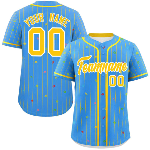 Custom Powder Blue Gold Stripe Fashion Personalized Star Pattern Authentic Baseball Jersey