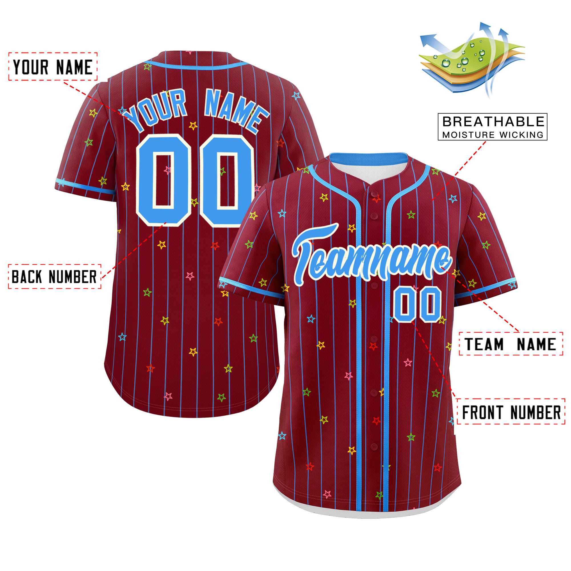 Custom Crimson Powder Blue Stripe Fashion Personalized Star Pattern Authentic Baseball Jersey