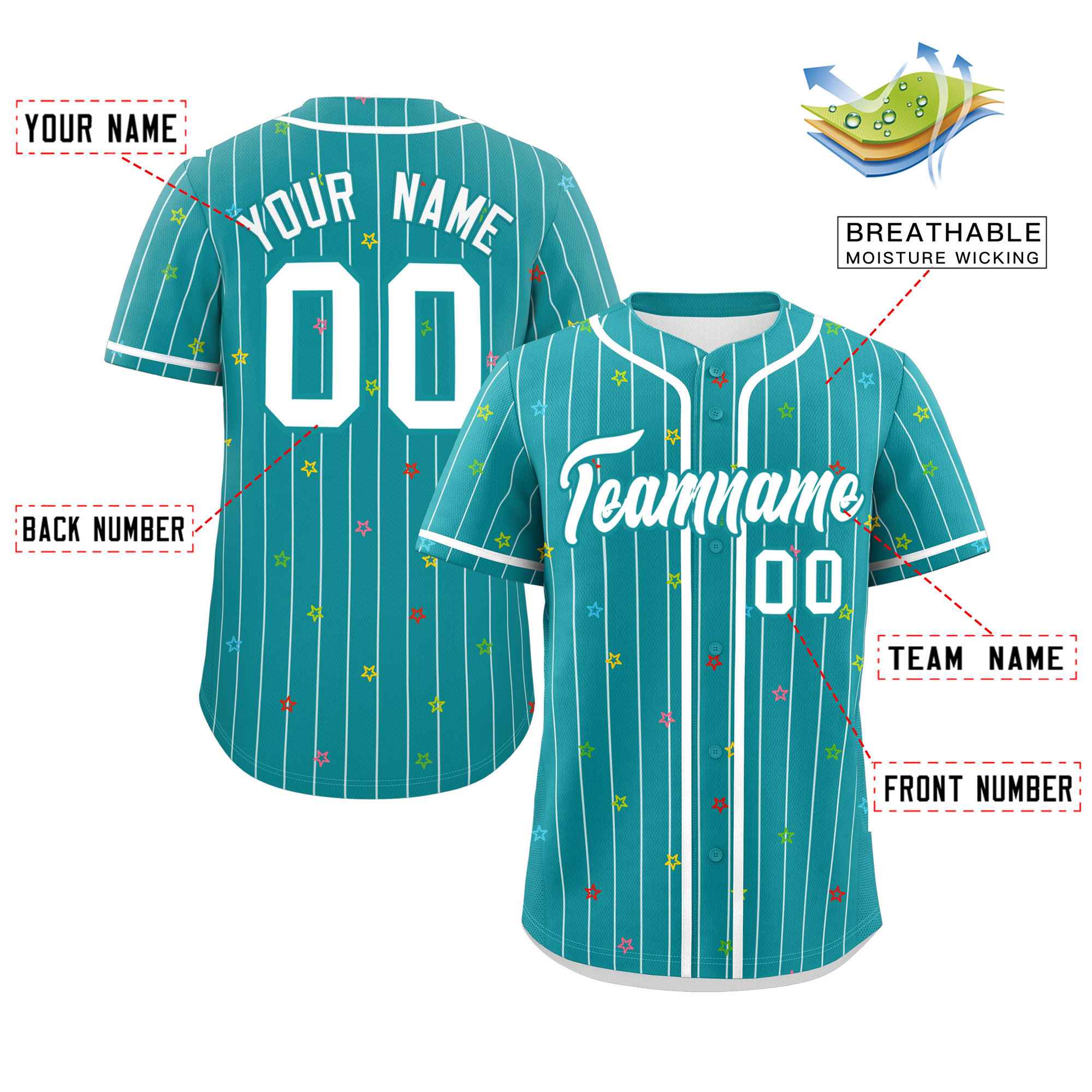 Custom Aqua White Stripe Fashion Personalized Star Pattern Authentic Baseball Jersey