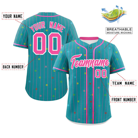 Custom Aqua Pink Stripe Fashion Personalized Star Pattern Authentic Baseball Jersey