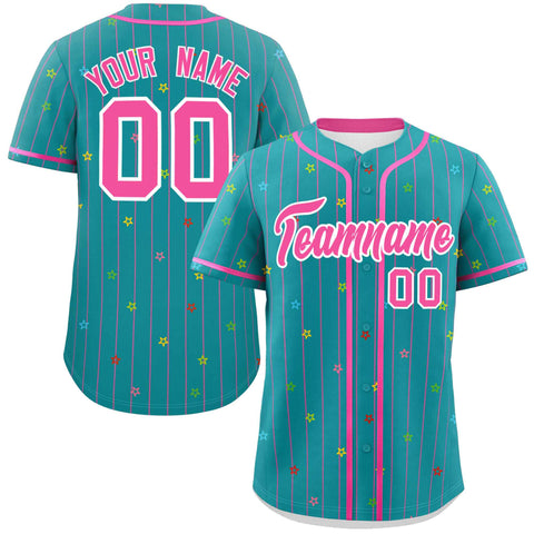 Custom Aqua Pink Stripe Fashion Personalized Star Pattern Authentic Baseball Jersey