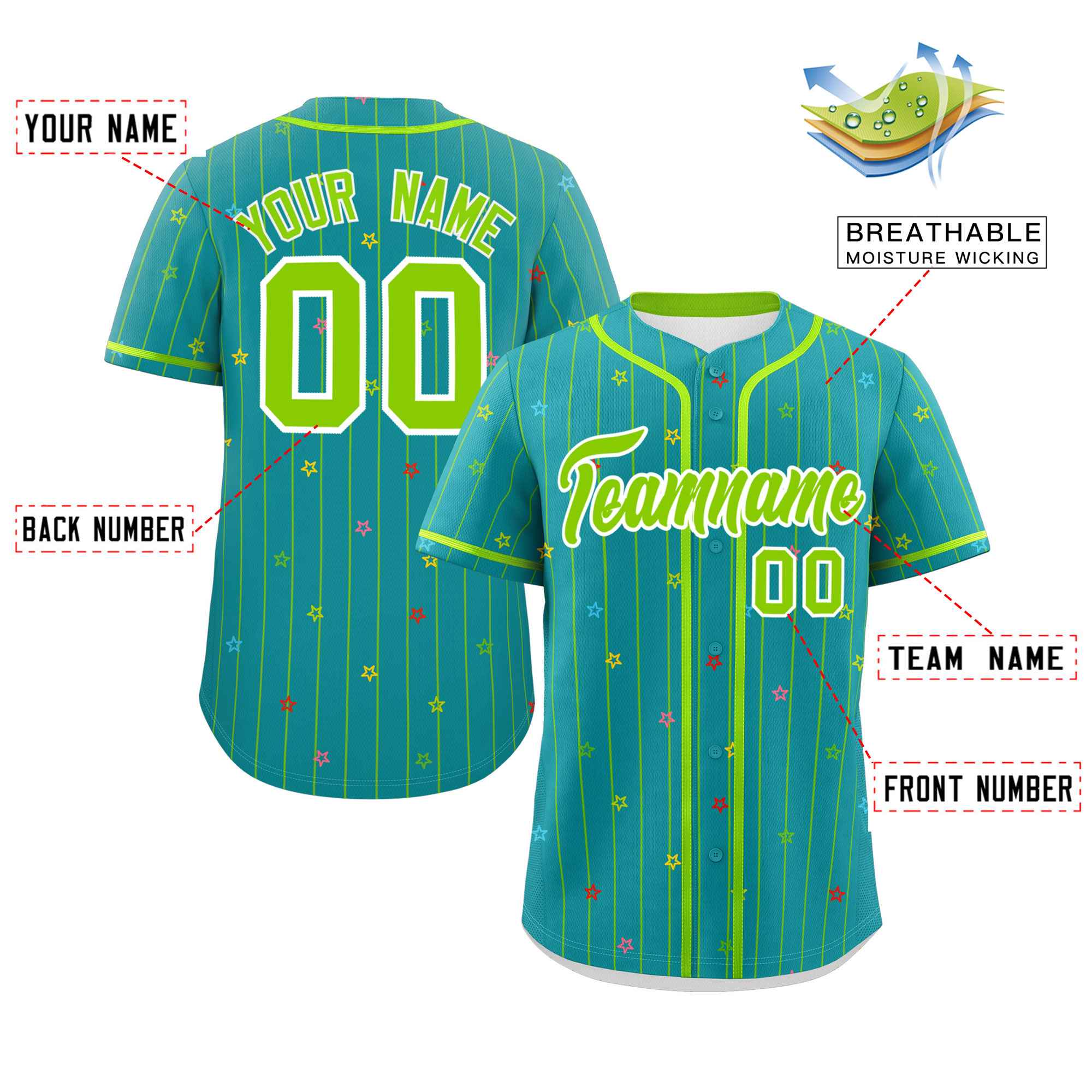 Custom Aqua Neon Green Stripe Fashion Personalized Star Pattern Authentic Baseball Jersey