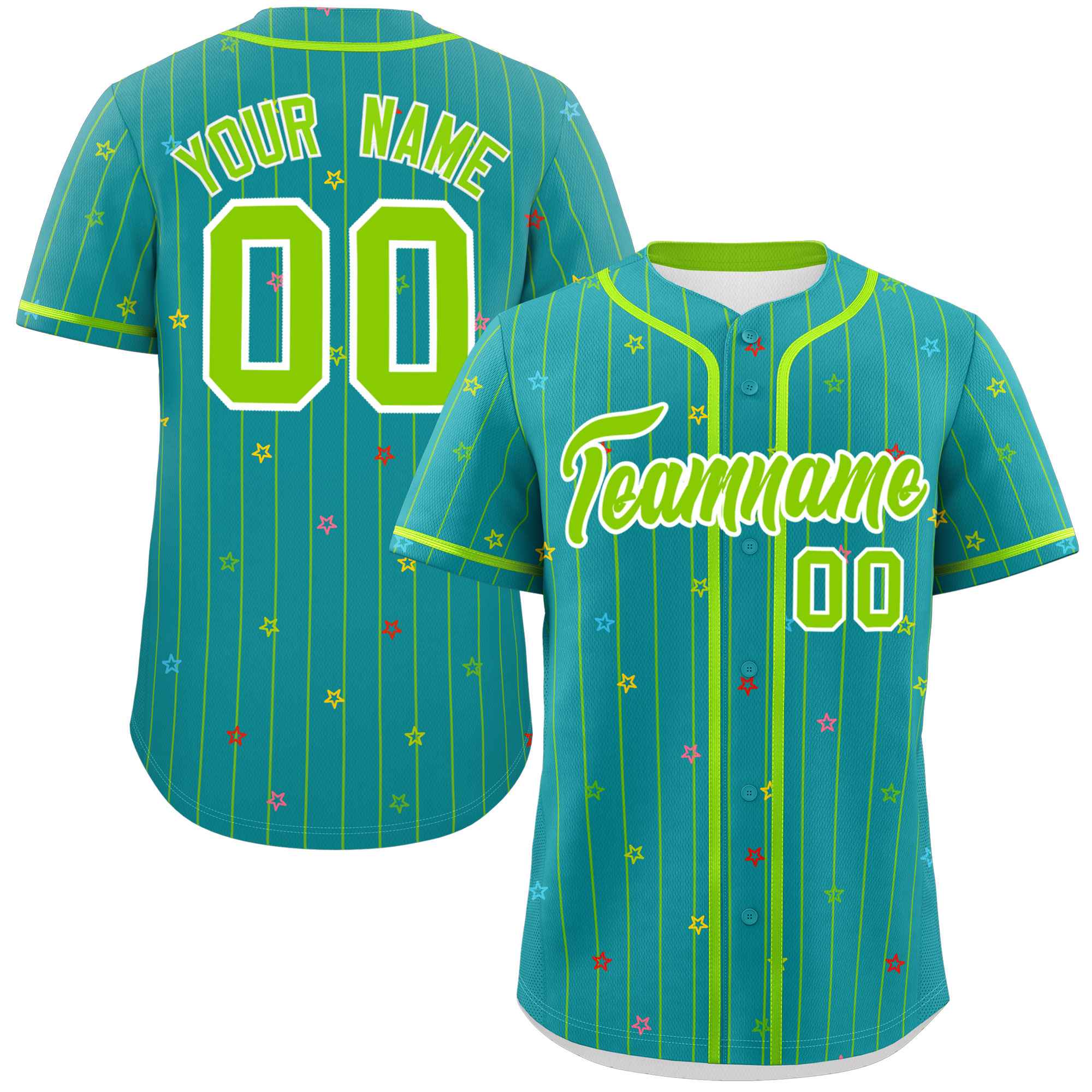 Custom Aqua Neon Green Stripe Fashion Personalized Star Pattern Authentic Baseball Jersey