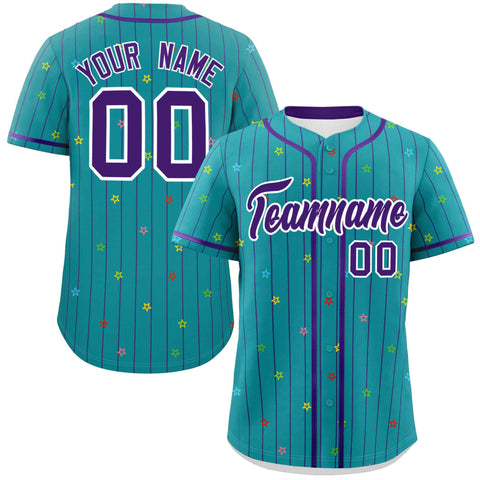 Custom Aqua Purple Stripe Fashion Personalized Star Pattern Authentic Baseball Jersey