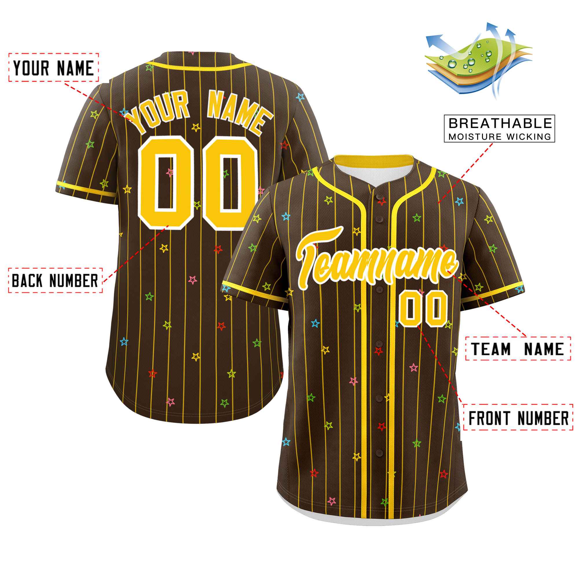 Custom Brown Gold Stripe Fashion Personalized Star Pattern Authentic Baseball Jersey