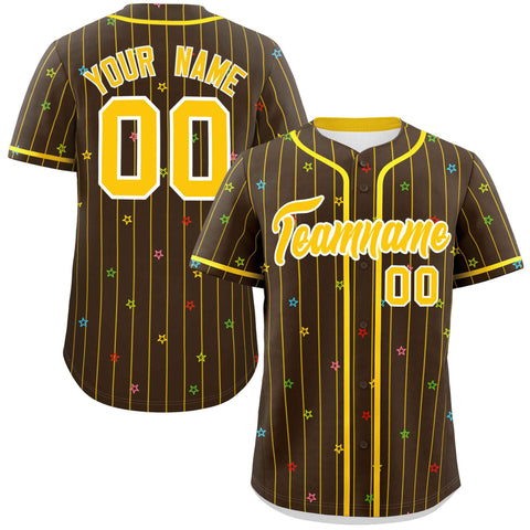 Custom Brown Gold Stripe Fashion Personalized Star Pattern Authentic Baseball Jersey
