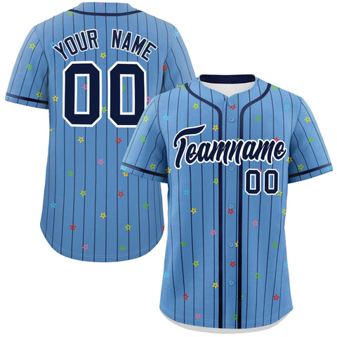 Custom Light Blue Navy Stripe Fashion Personalized Star Pattern Authentic Baseball Jersey