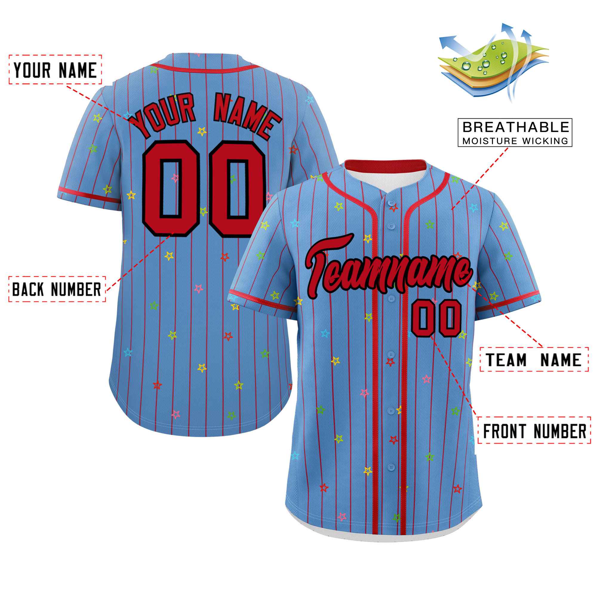 Custom Light Blue Red Stripe Fashion Personalized Star Pattern Authentic Baseball Jersey