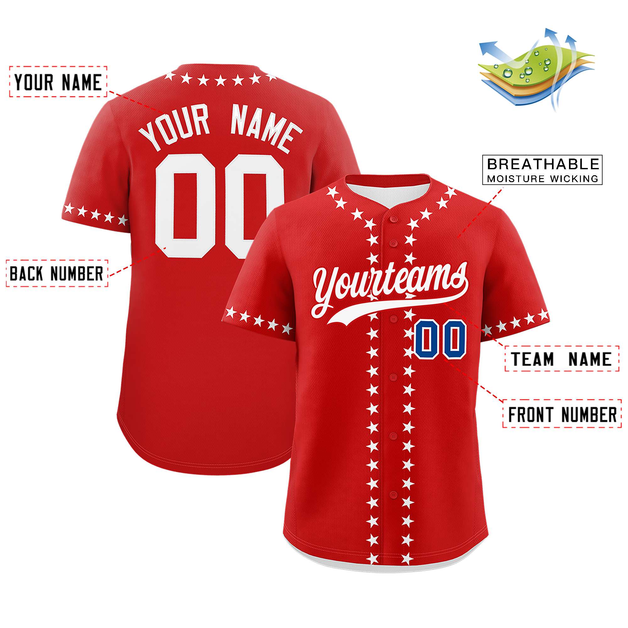 Custom Red White Star Ribbing Authentic Baseball Jersey