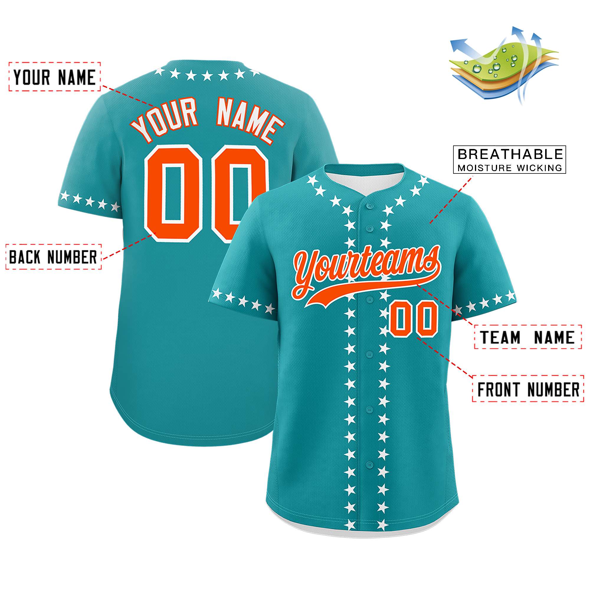 Custom Aqua White Star Ribbing Authentic Baseball Jersey