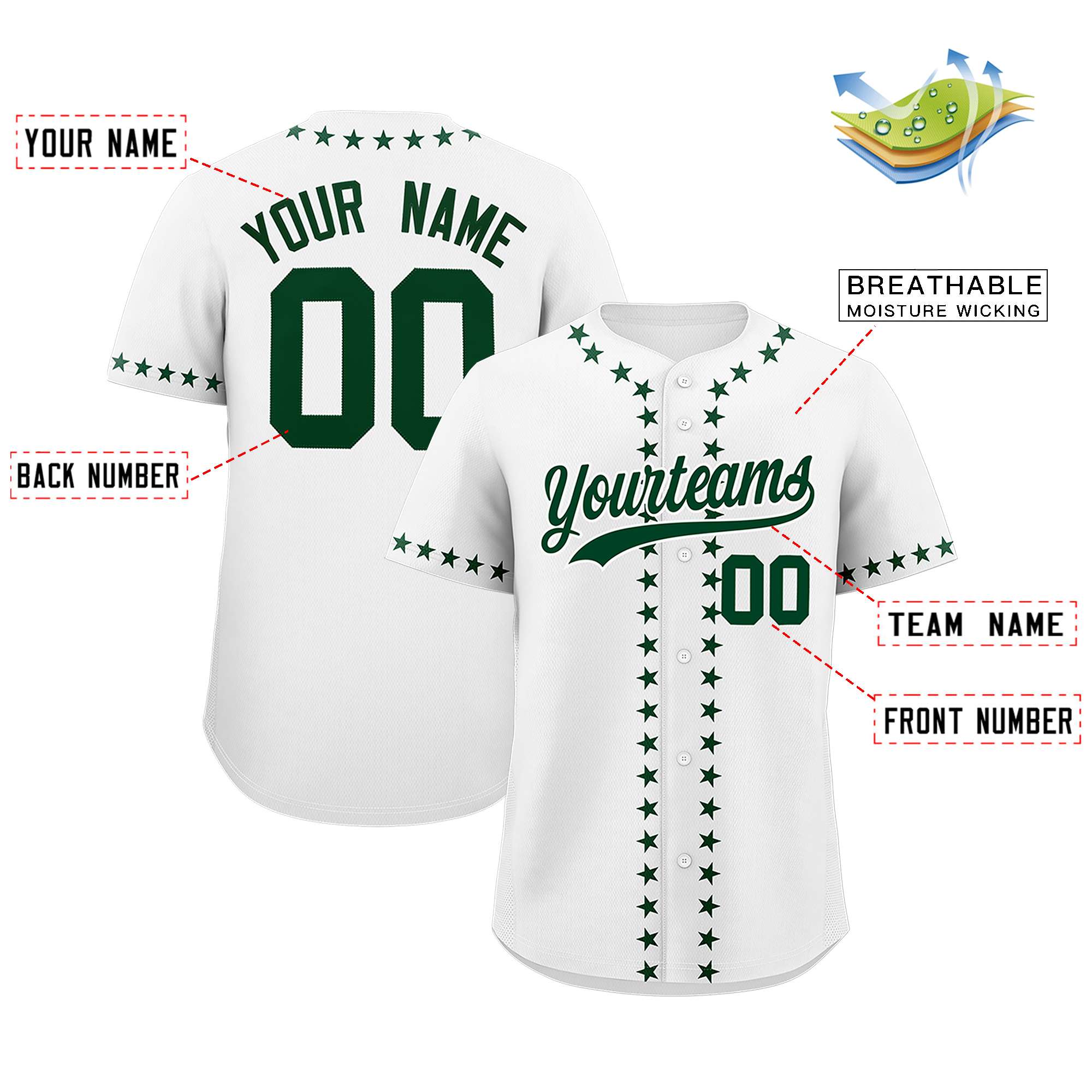 Custom White Green Star Ribbing Authentic Baseball Jersey