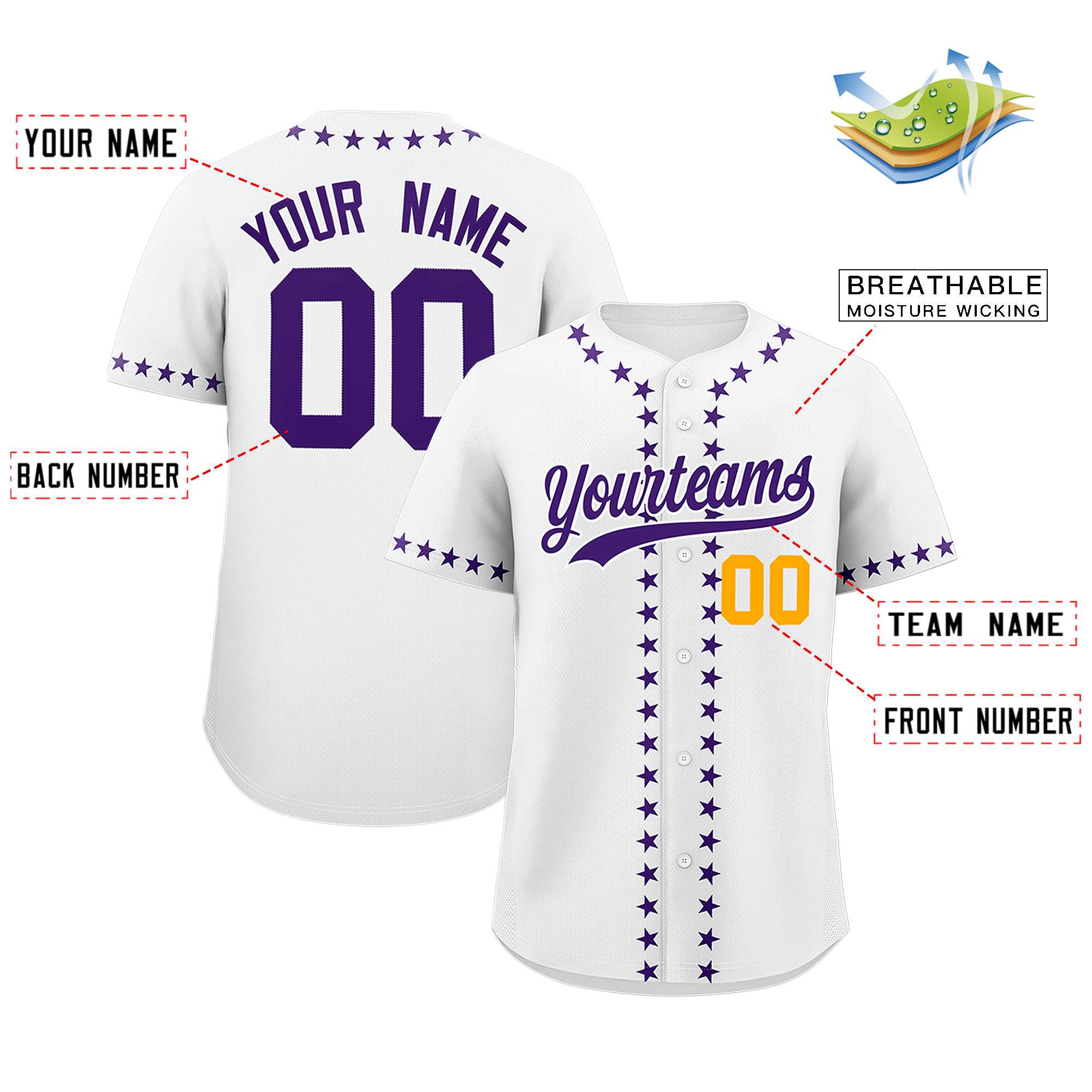 Custom White Purple Star Ribbing Authentic Baseball Jersey