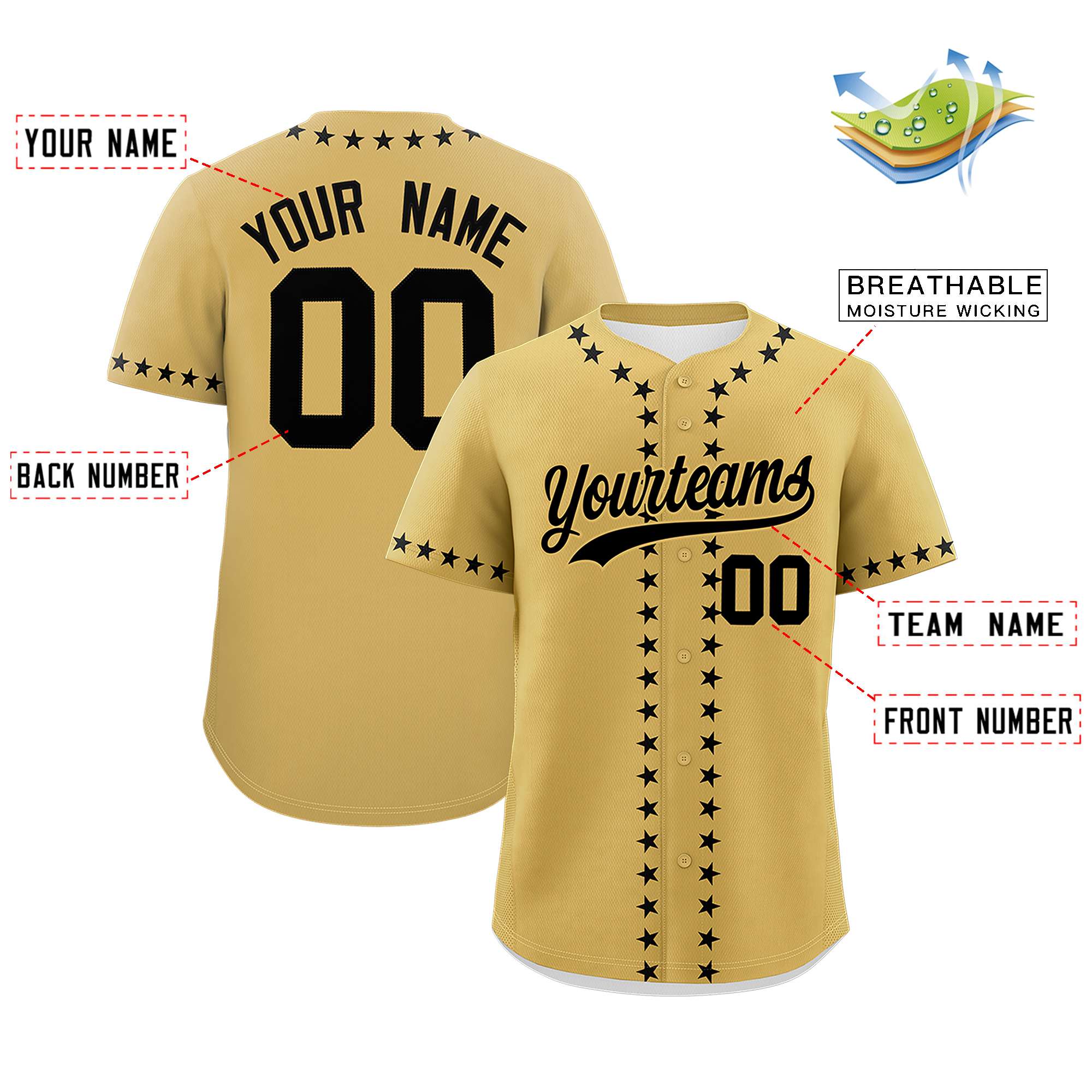 Custom Old Gold Black Star Ribbing Authentic Baseball Jersey