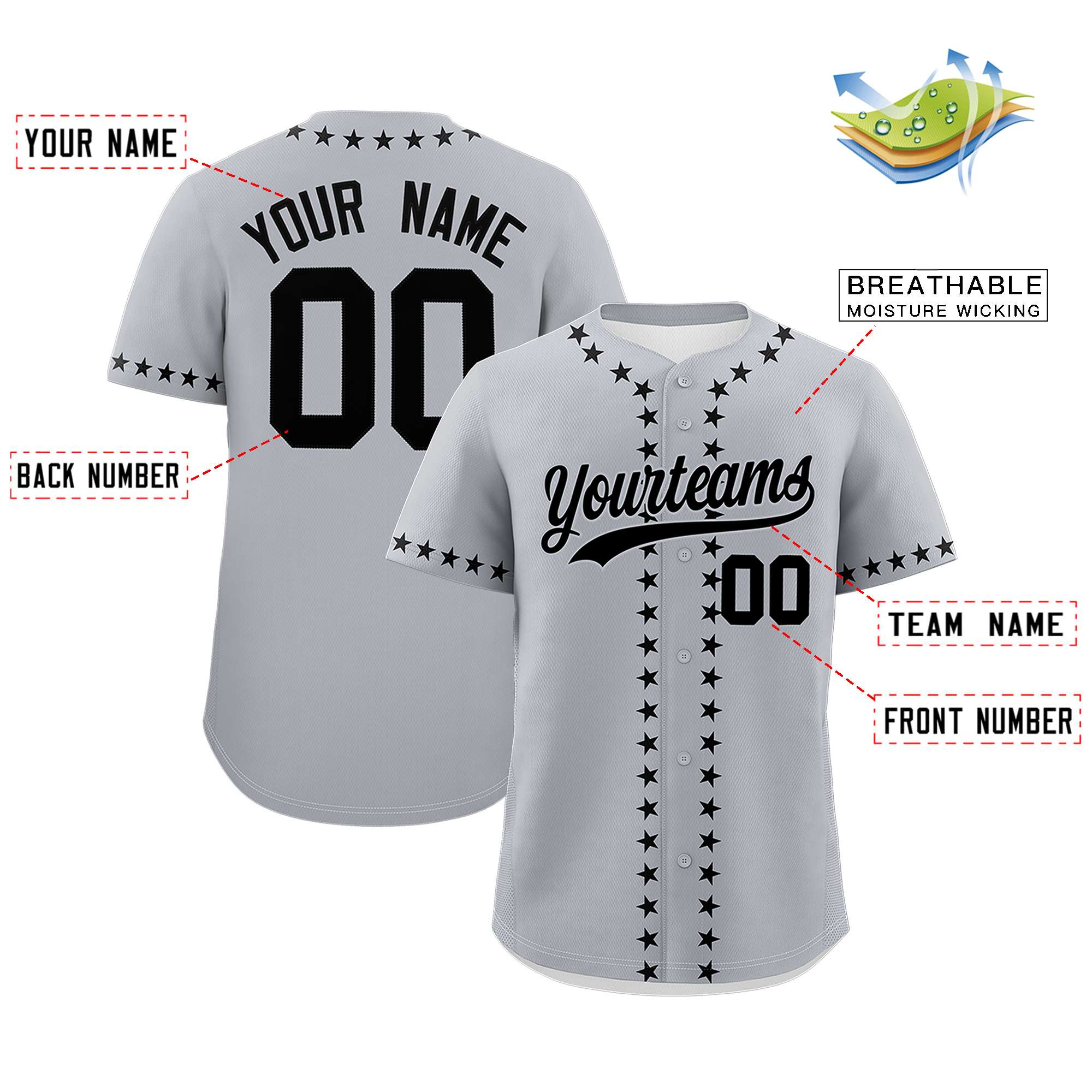 Custom Gray Black Star Ribbing Authentic Baseball Jersey