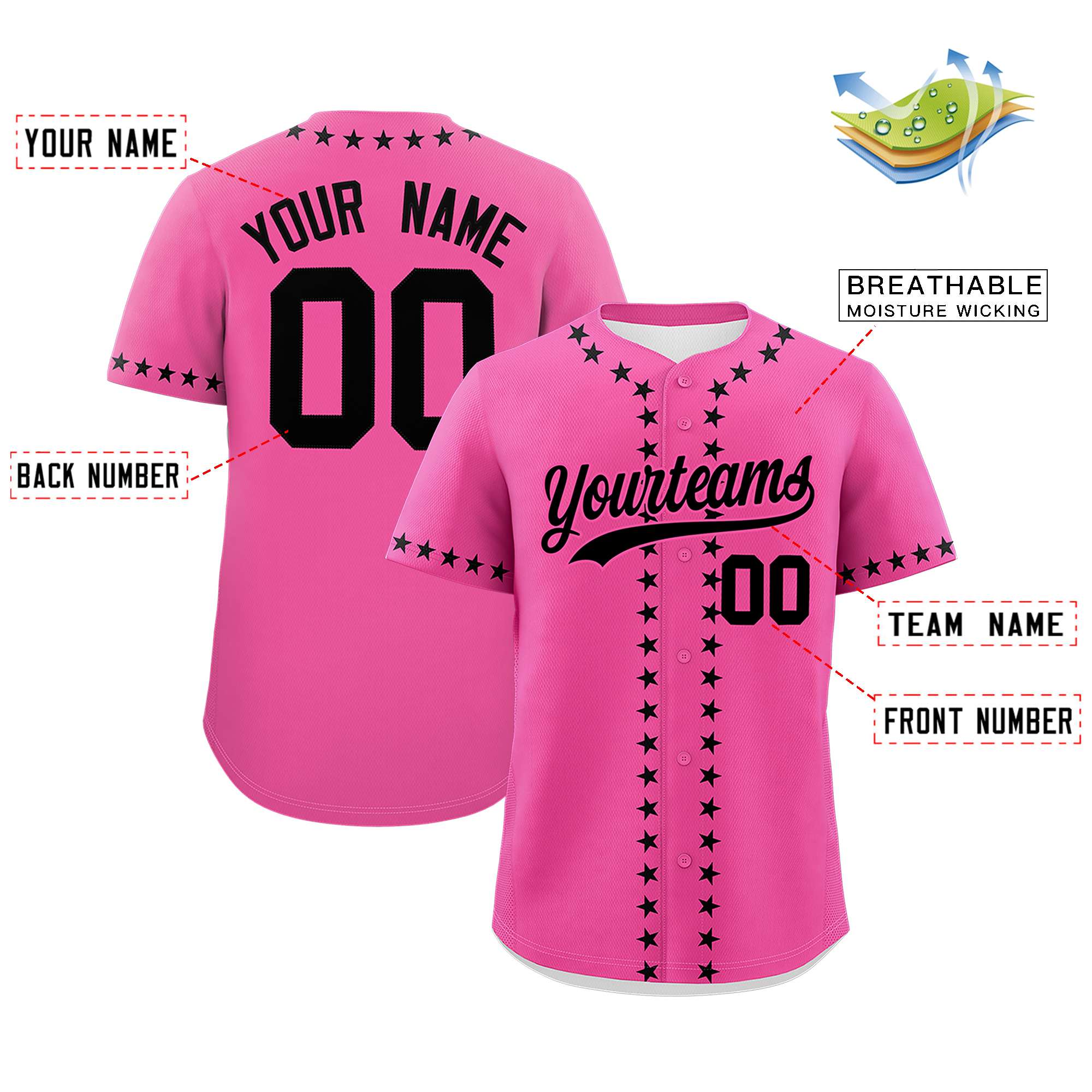 Custom Pink Black Star Ribbing Authentic Baseball Jersey