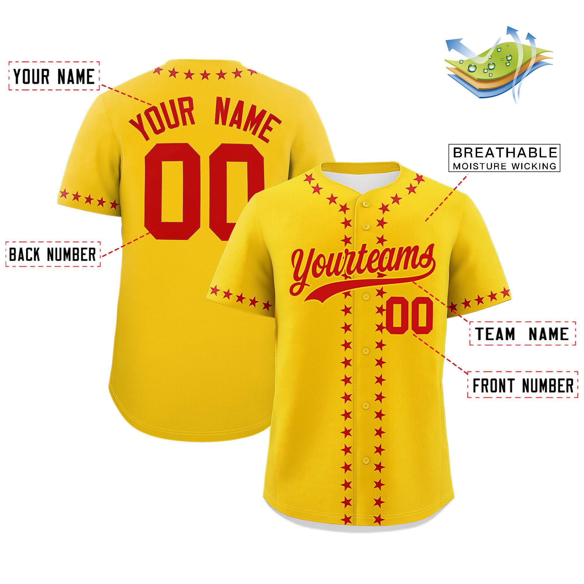 Custom Gold Red Star Ribbing Authentic Baseball Jersey