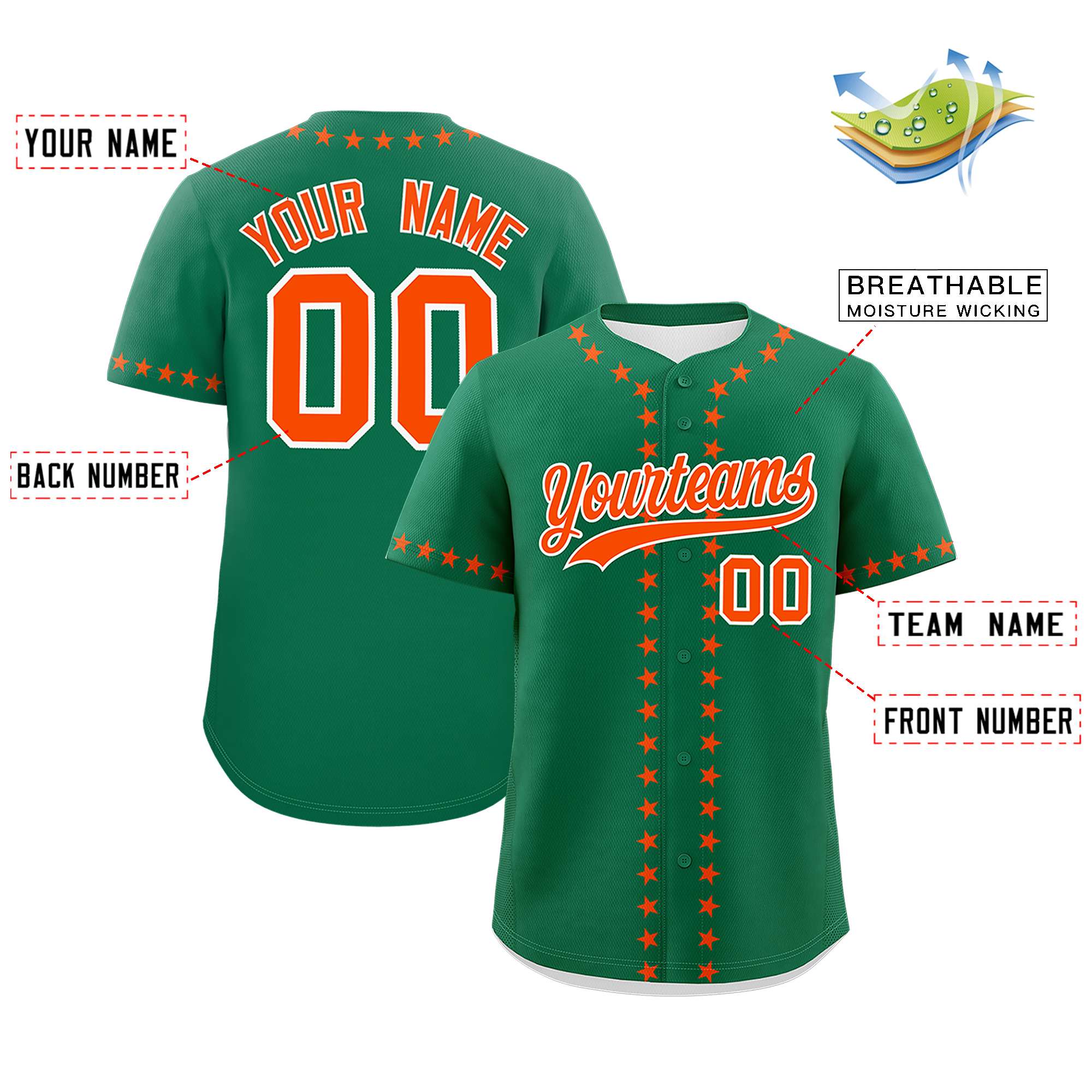 Custom Kelly Green Orange Star Ribbing Authentic Baseball Jersey