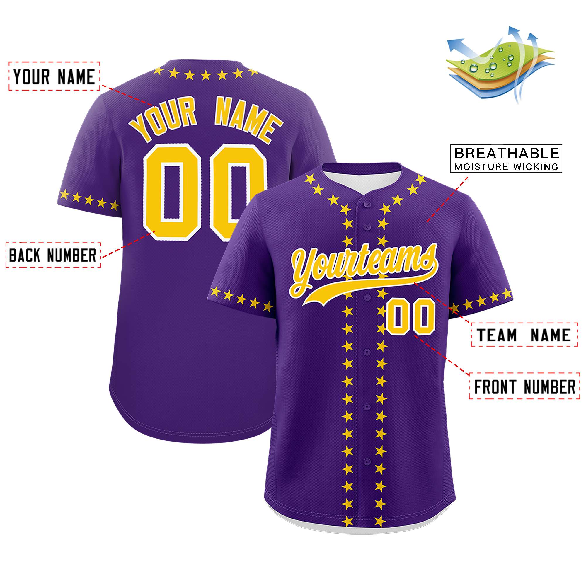 Custom Purple Gold Star Ribbing Authentic Baseball Jersey