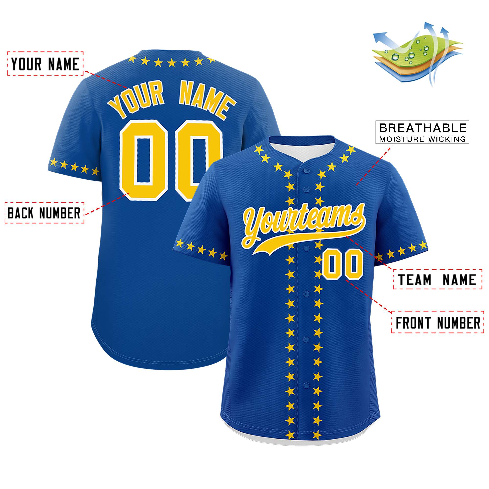 Custom Royal Gold Star Ribbing Authentic Baseball Jersey