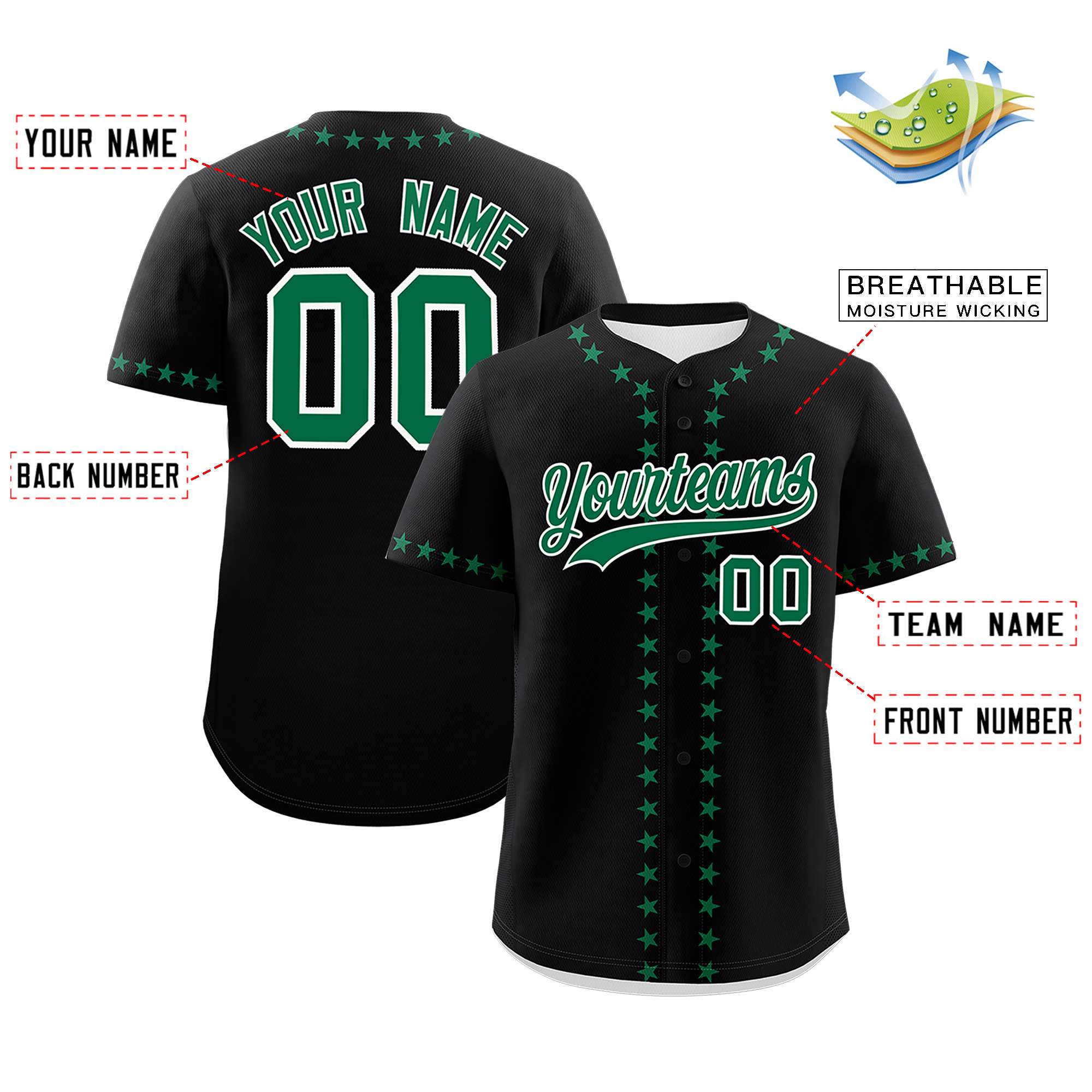 Custom Black Kelly Green Star Ribbing Authentic Baseball Jersey