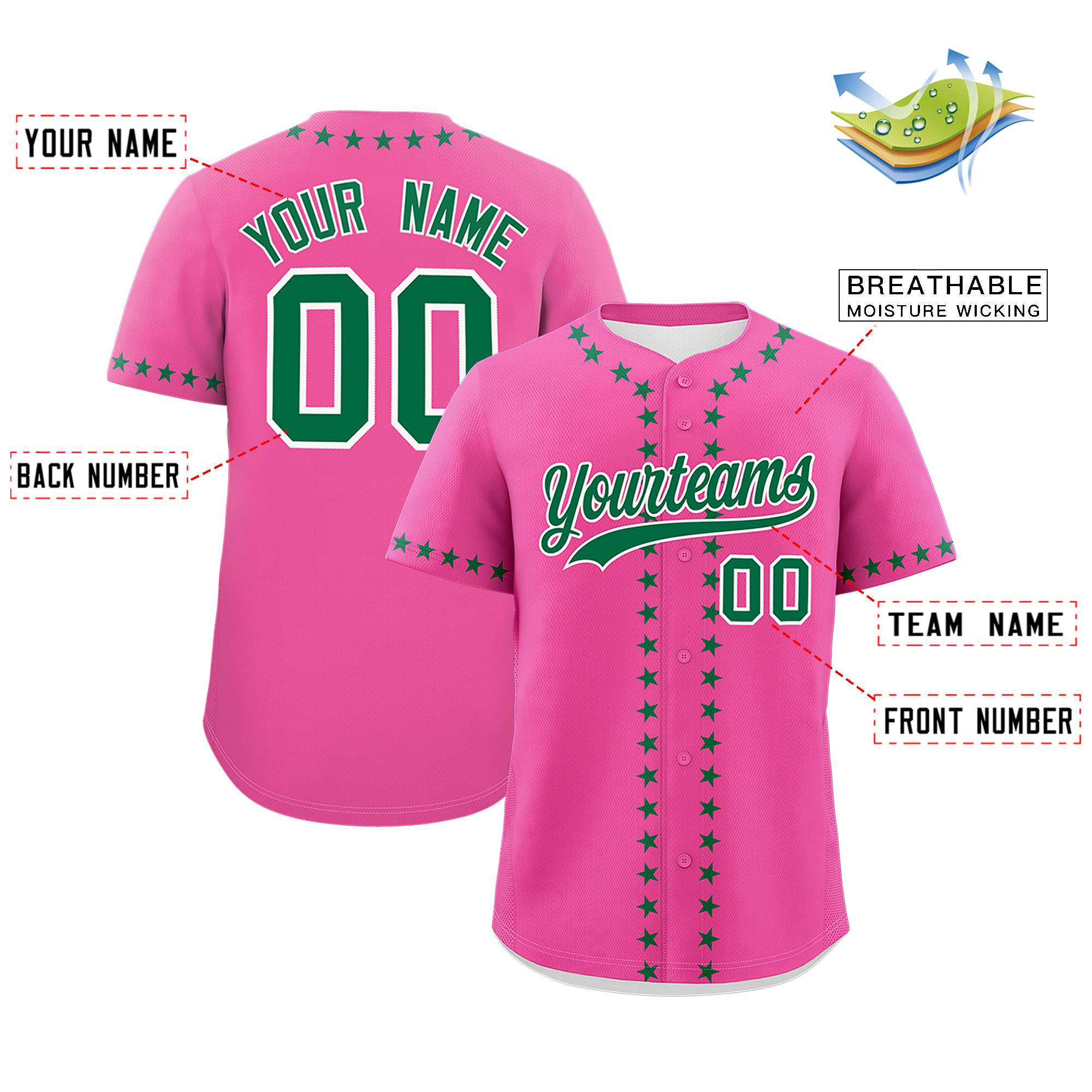 Custom Pink Kelly Green Star Ribbing Authentic Baseball Jersey