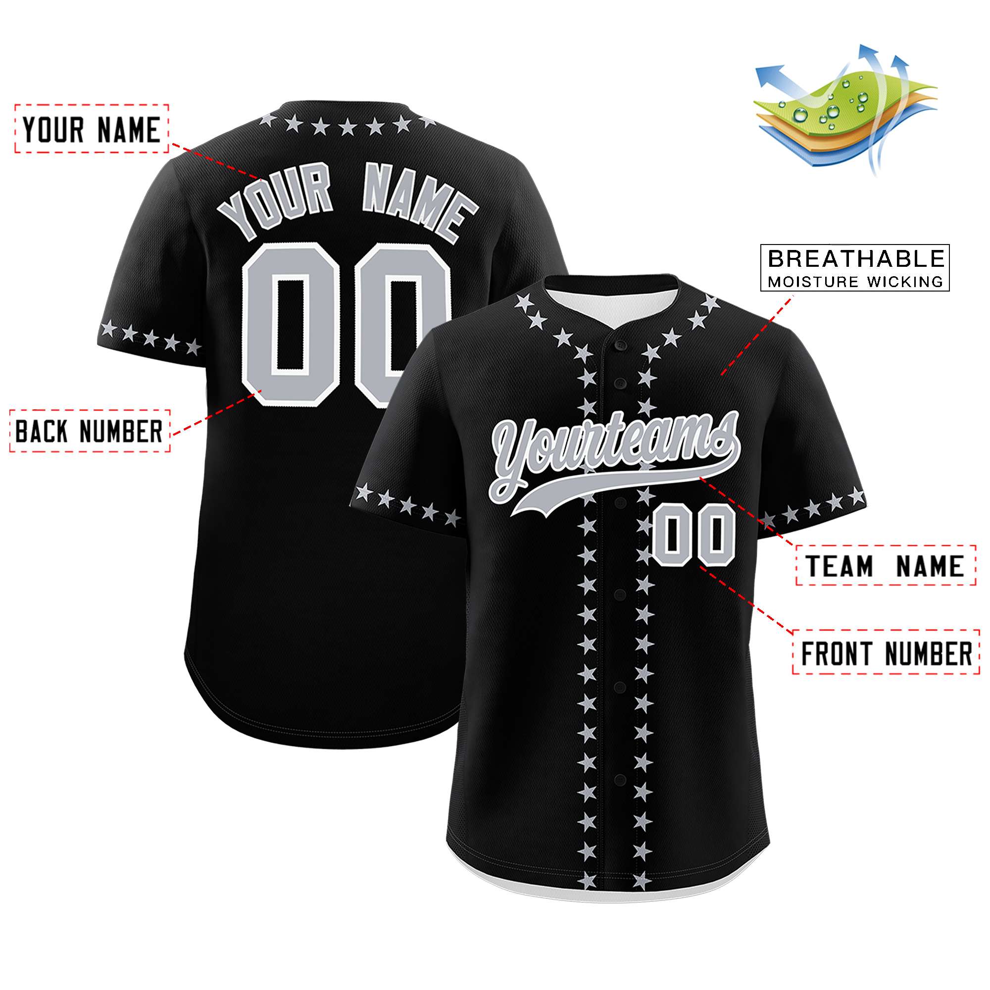 Custom Black Gray Star Ribbing Authentic Baseball Jersey