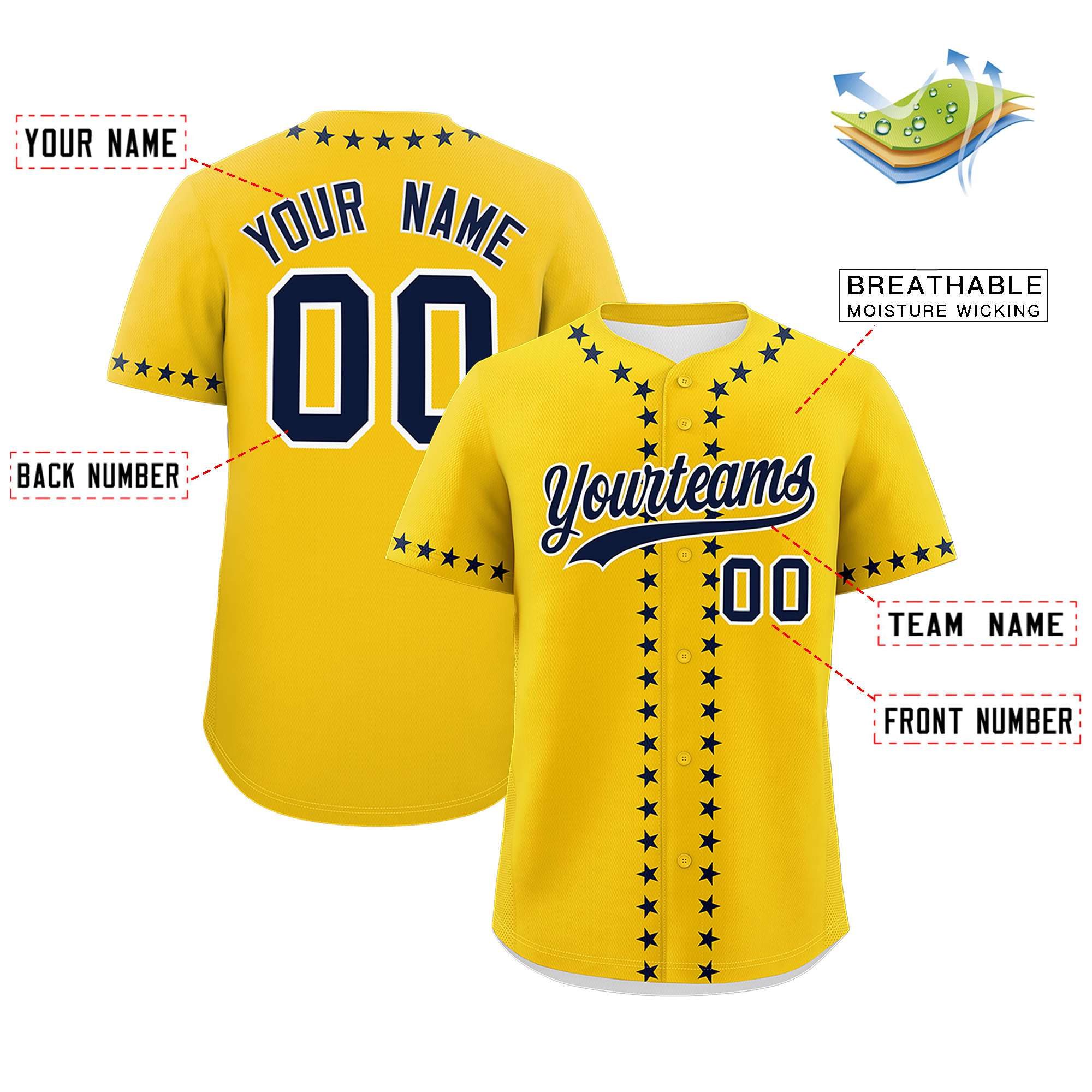 Custom Gold Navy Star Ribbing Authentic Baseball Jersey