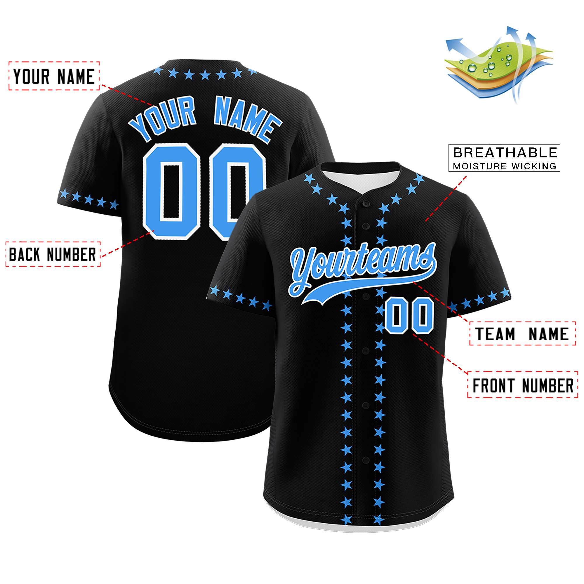 Custom Black Powder Blue Star Ribbing Authentic Baseball Jersey