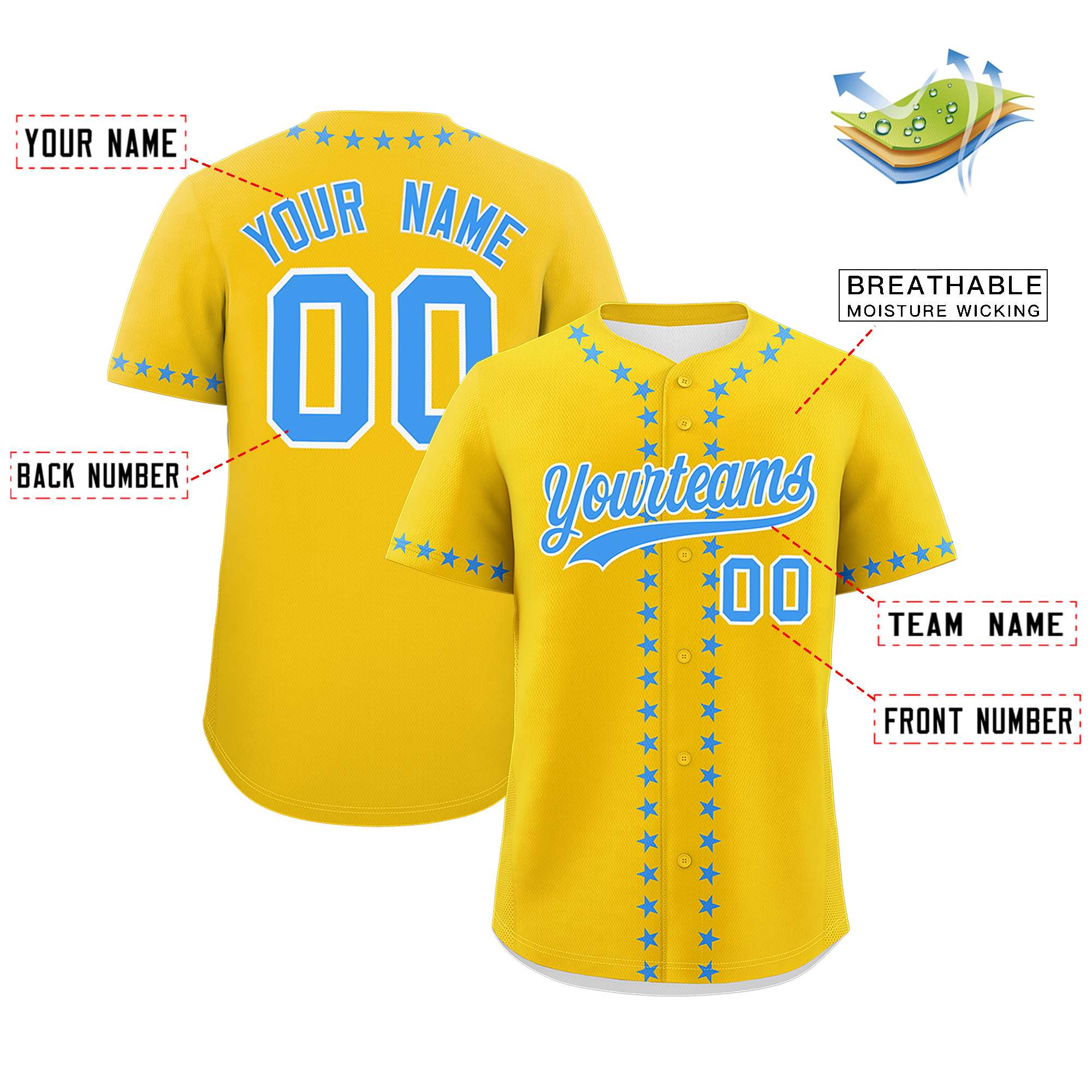 Custom Gold Powder Blue Star Ribbing Authentic Baseball Jersey