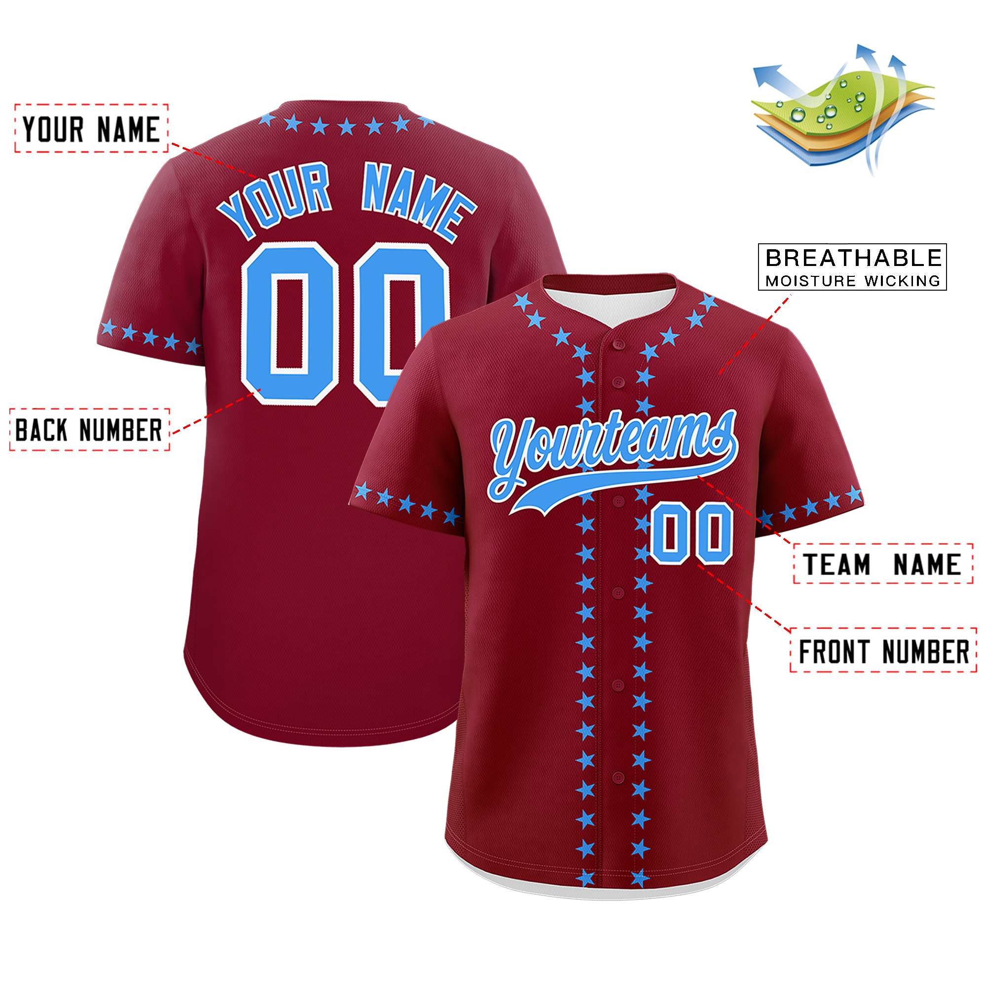 Custom Crimson Powder Blue Star Ribbing Authentic Baseball Jersey