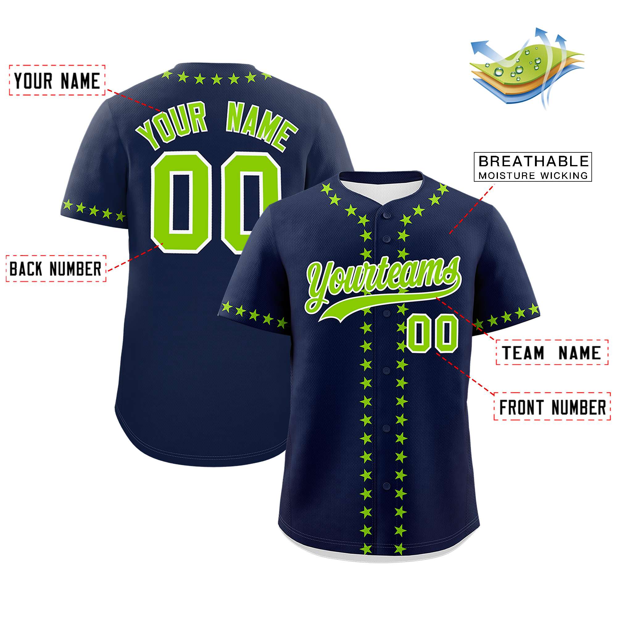 Custom Navy Neon Green Star Ribbing Authentic Baseball Jersey