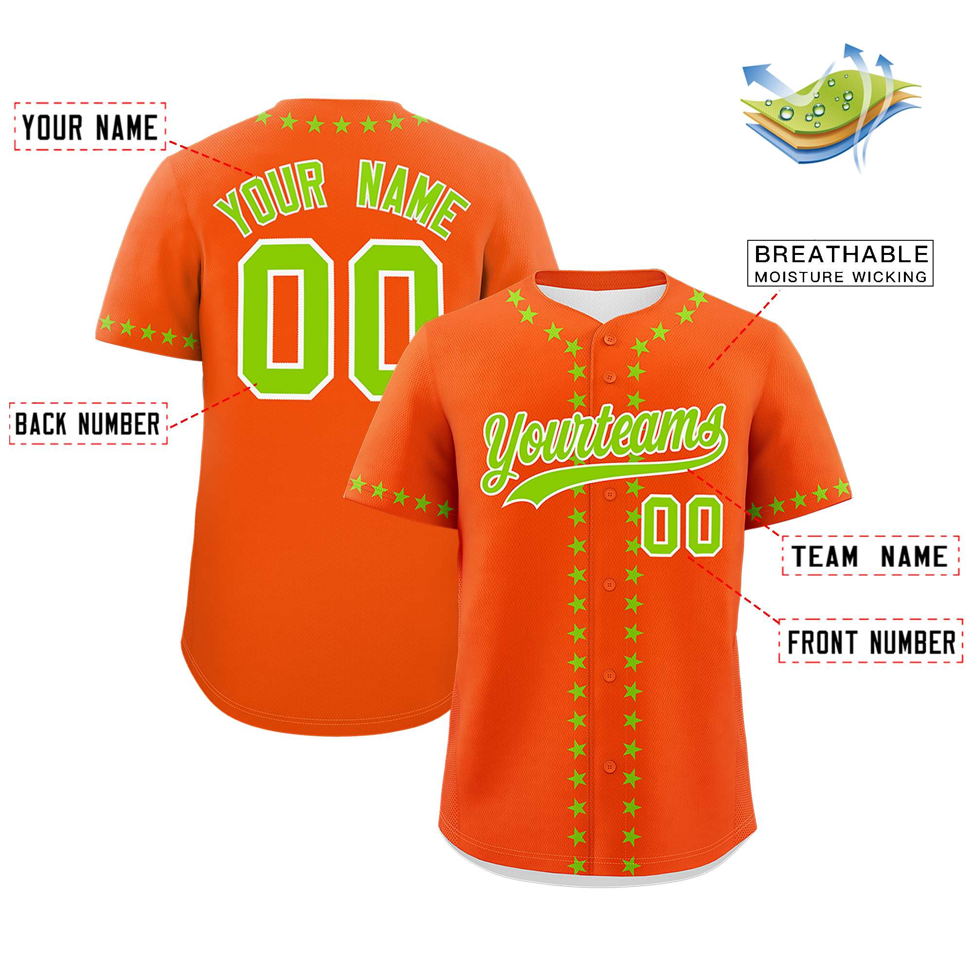 Custom Orange Neon Green Star Ribbing Authentic Baseball Jersey