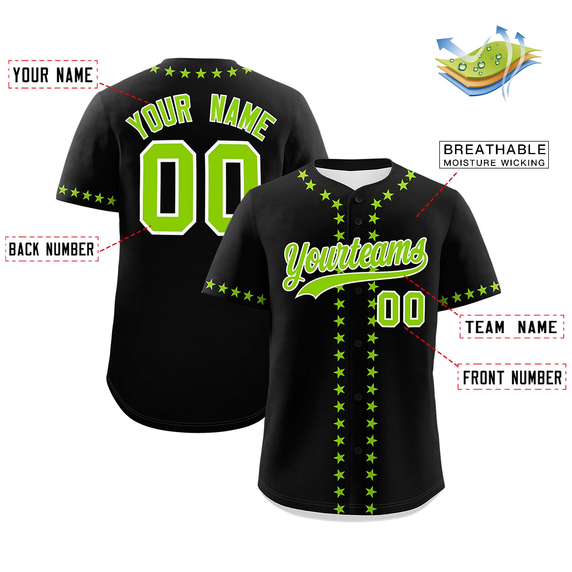 Custom Black Neon Green Star Ribbing Authentic Baseball Jersey