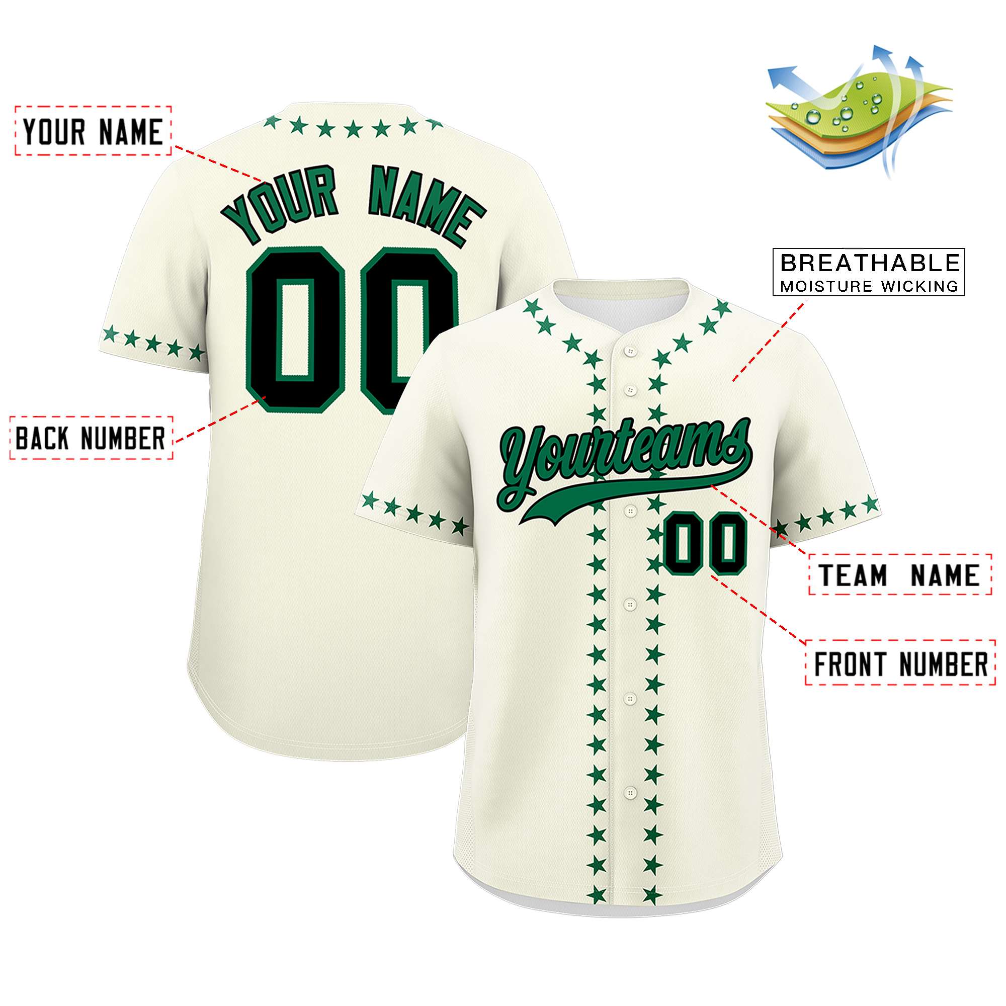 Custom Cream Kelly Green Star Ribbing Authentic Baseball Jersey