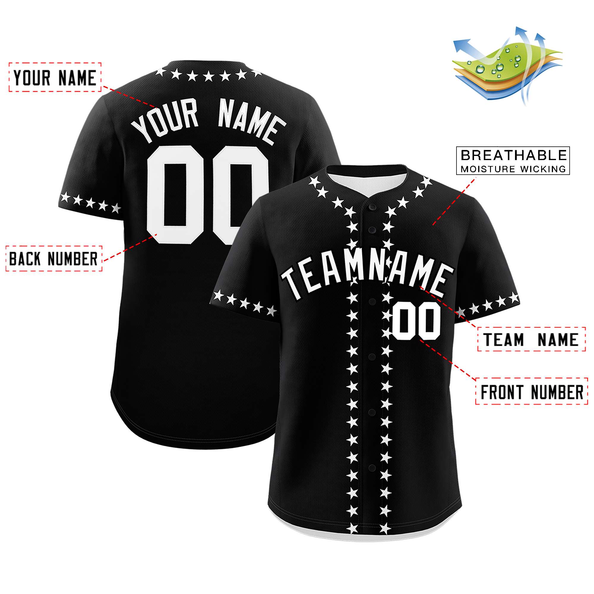 Custom Black White Star Ribbing Authentic Baseball Jersey