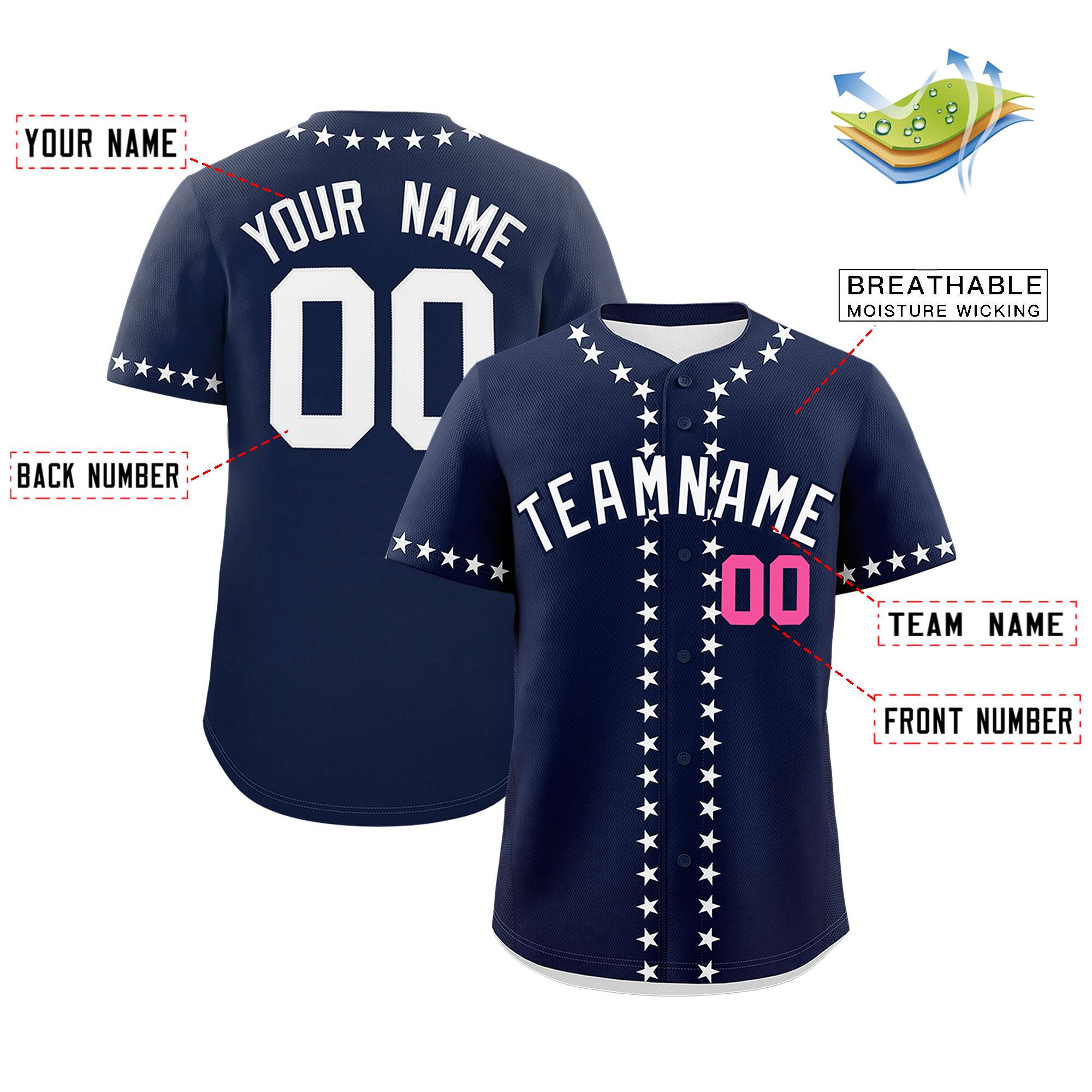 Custom Navy White Star Ribbing Authentic Baseball Jersey