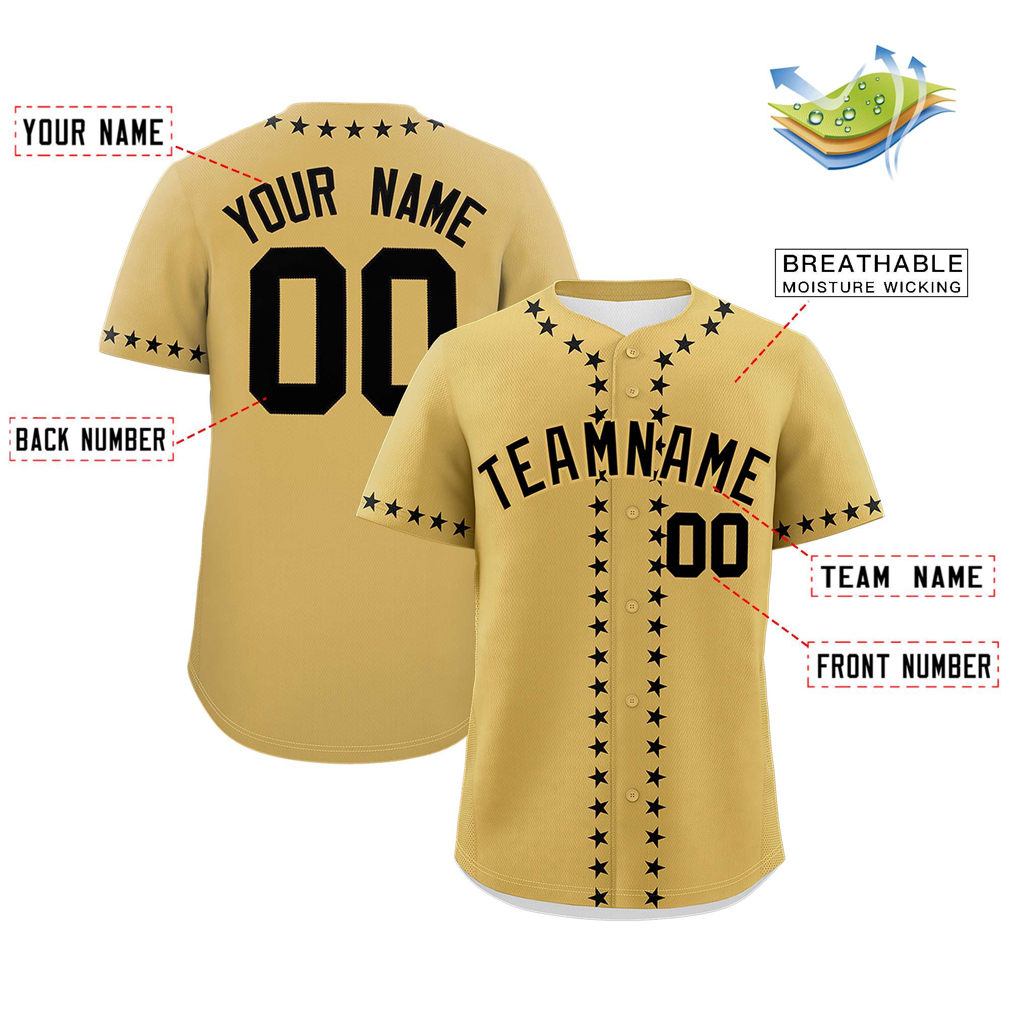 Custom Old Gold Black Star Ribbing Authentic Baseball Jersey