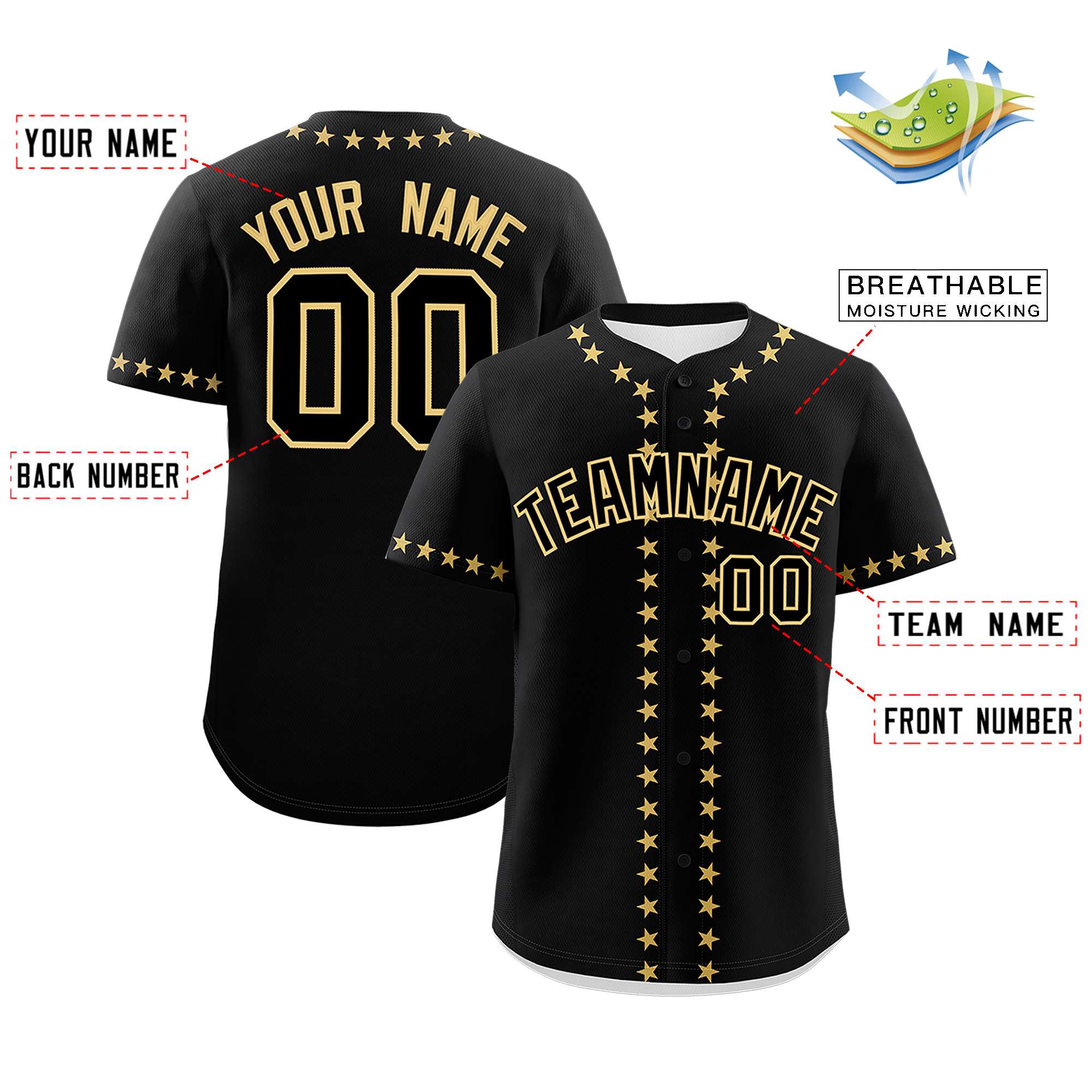 Custom Black Old Gold Star Ribbing Authentic Baseball Jersey